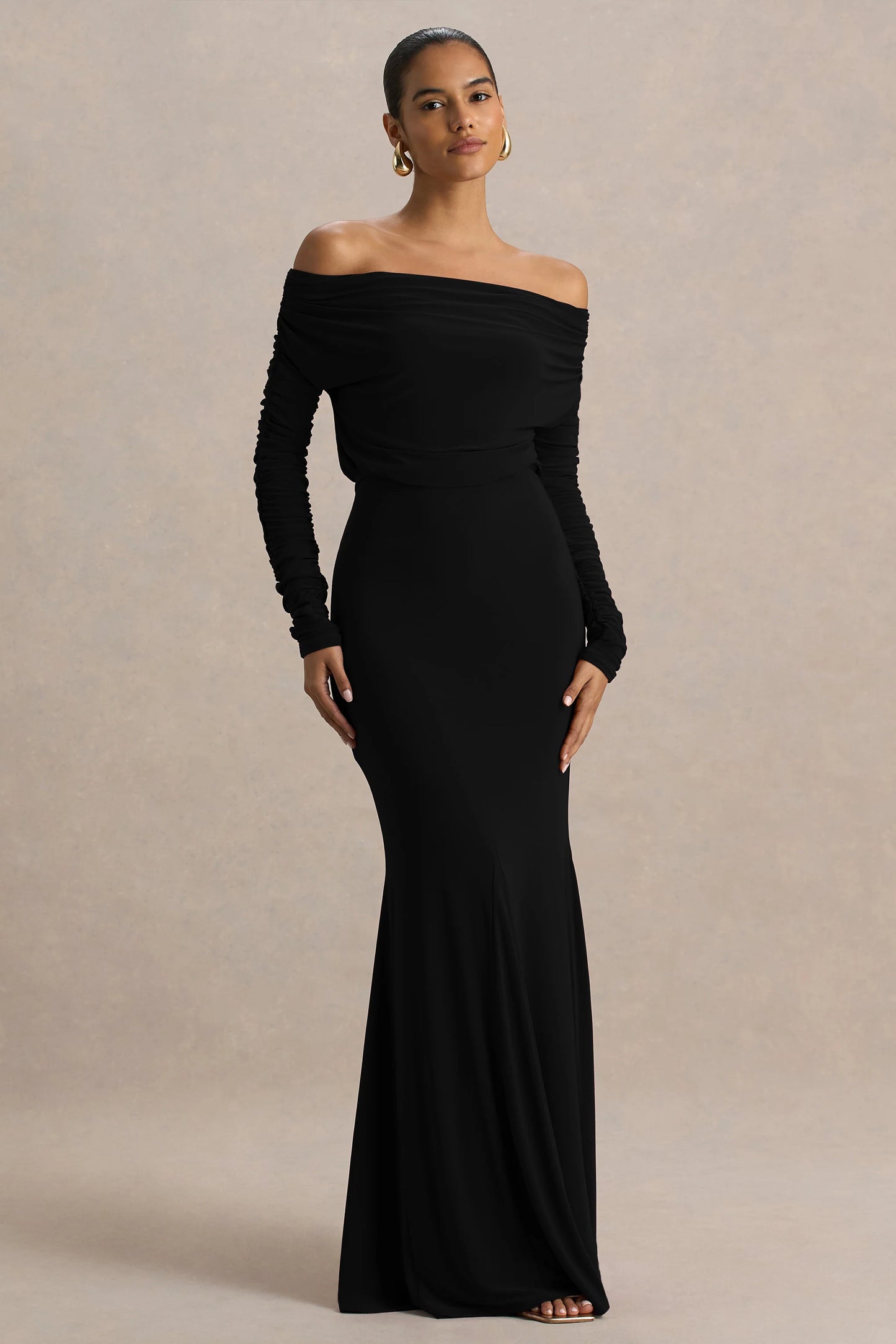 Cilla Black Bardot-Neck Maxi Dress With Ruched Detailing