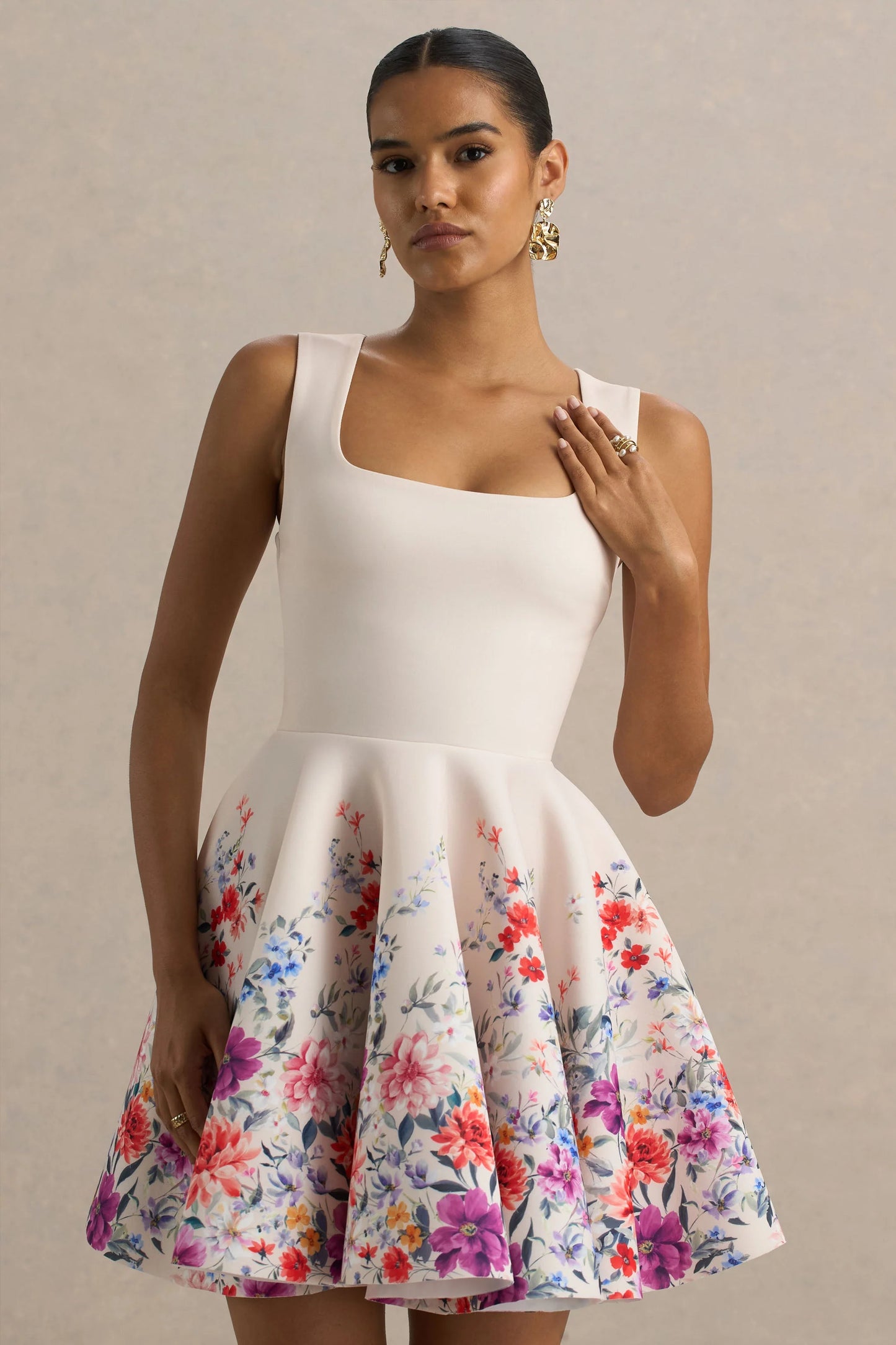 Gemstone Light Pink Floral Print Square-Neck Skater Mini Dress