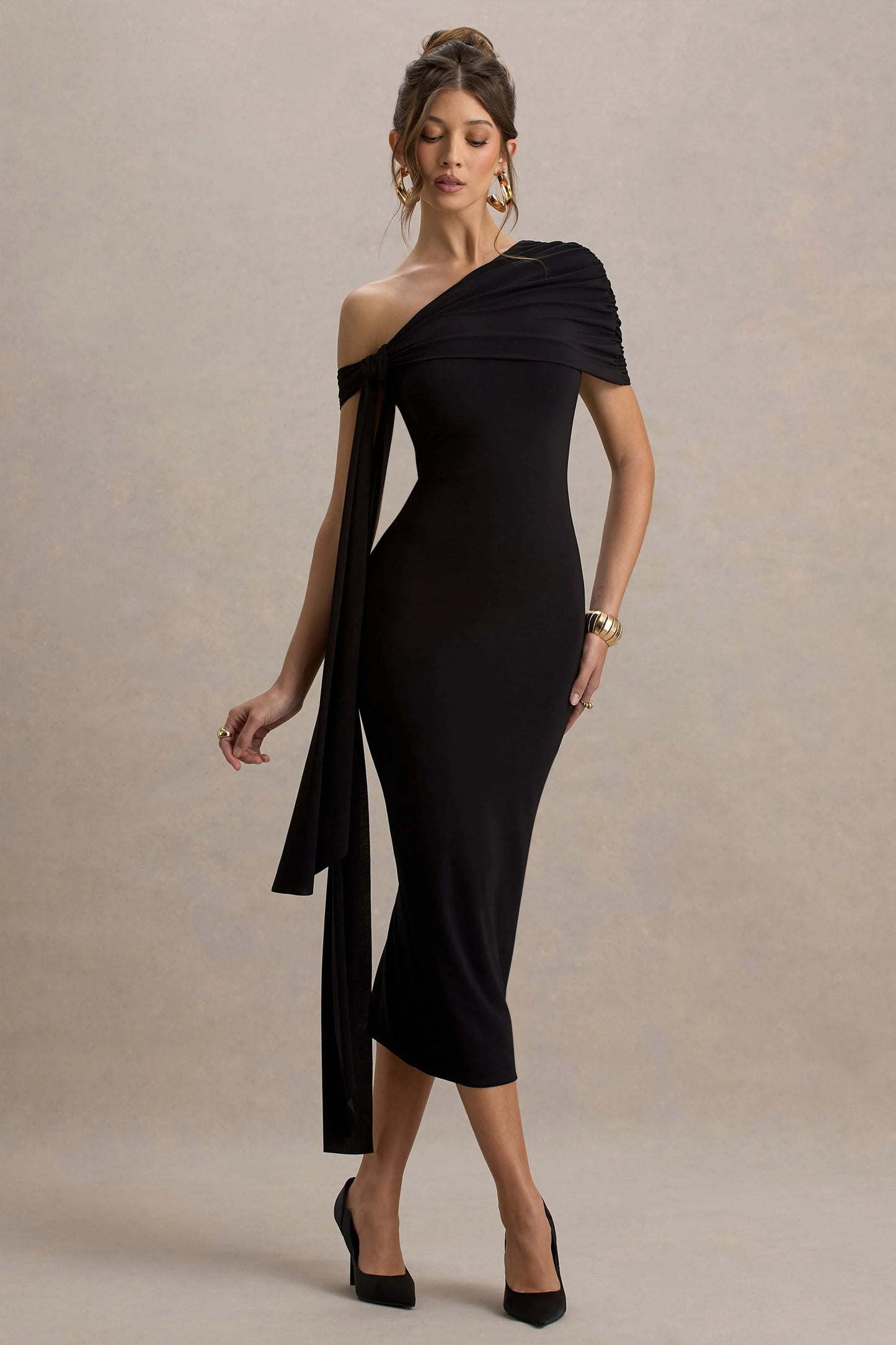 Praia Black Asymmetric-Neck Maxi Dress With Sash and Draped Detailing