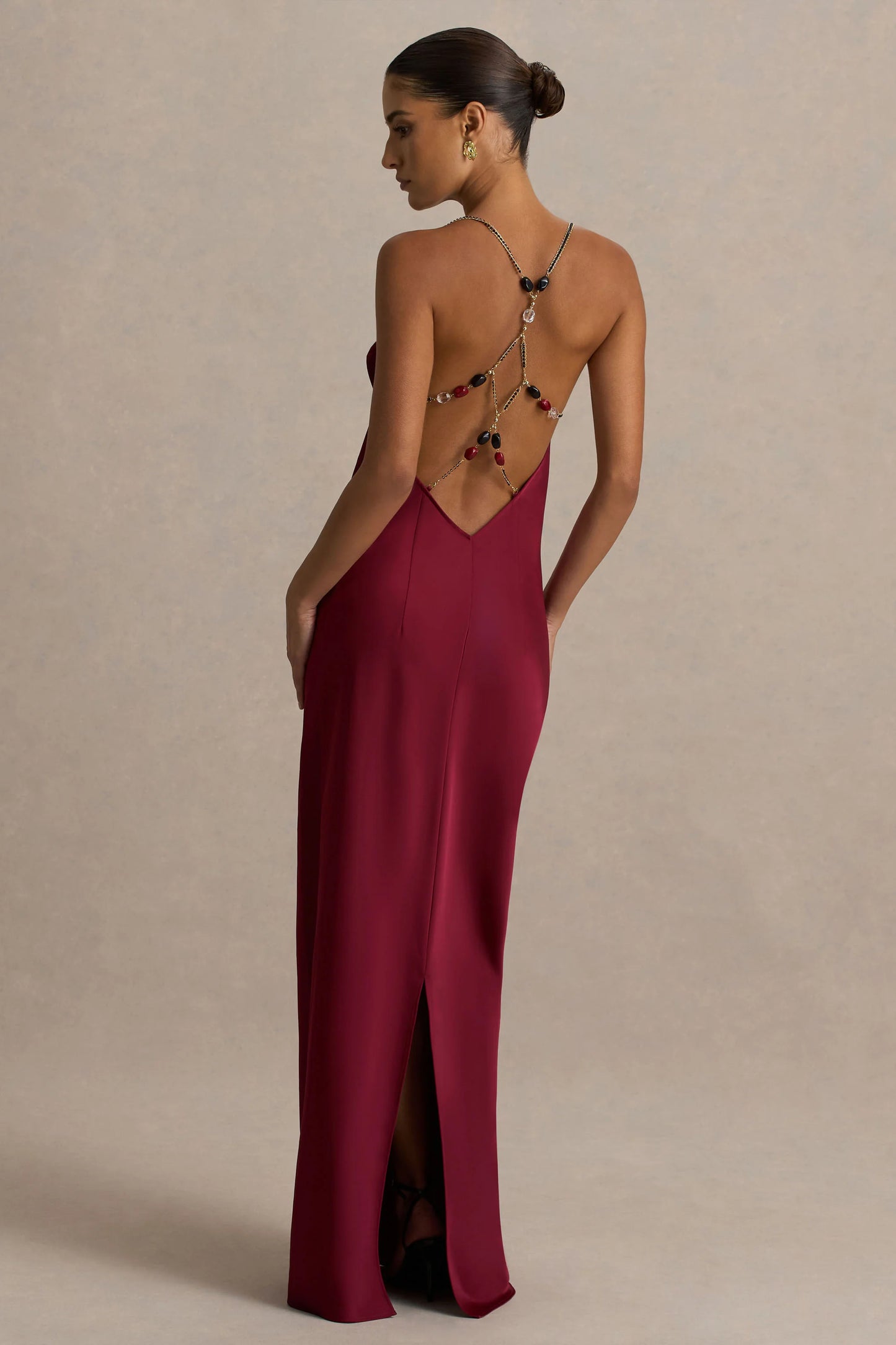 Cher Burgundy Satin Square-Neck Maxi Dress With Embellished-Detailed Open-Back