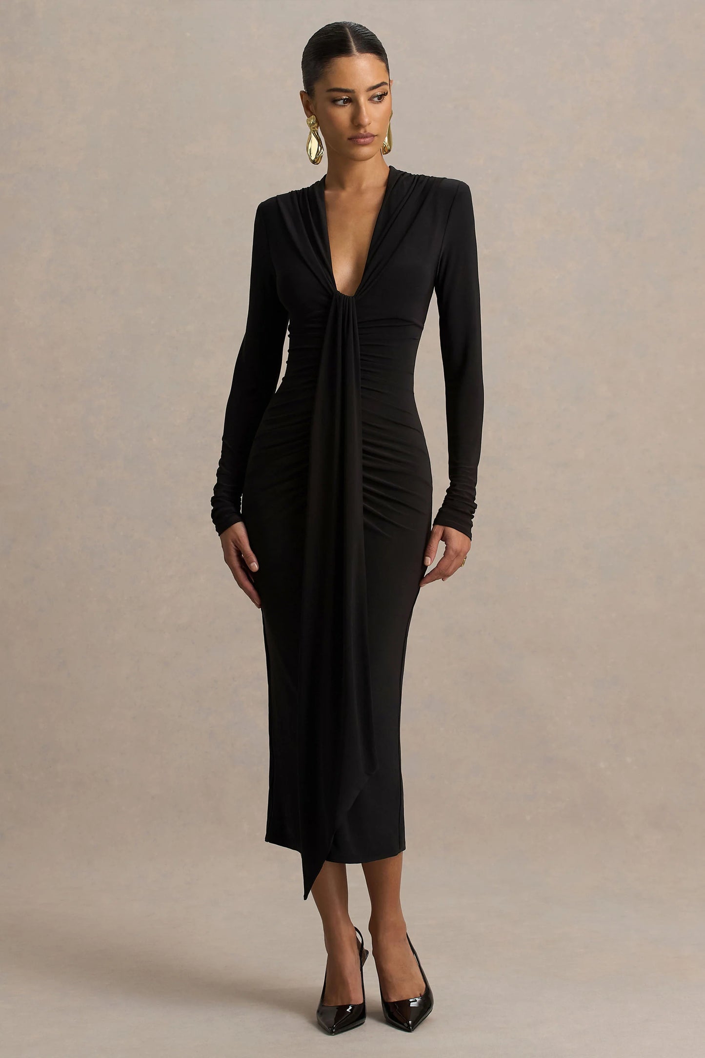 Ivara Black Plunge-Neck Midi Dress With Ruched Detailing And Sash
