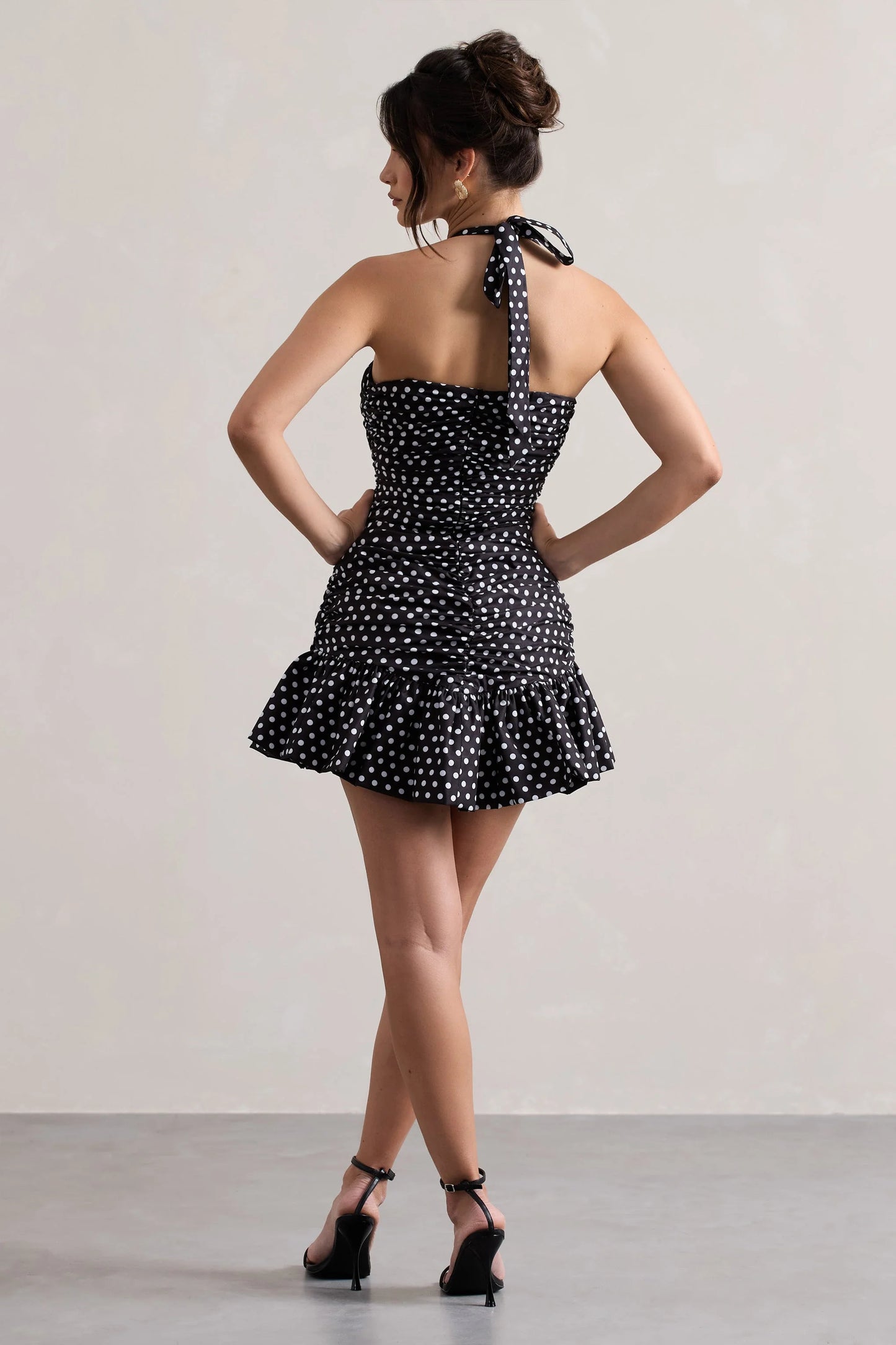 Zahra Black & White Polka Dot Halter-Neck Ruched Mini Dress With Ruffle Hem