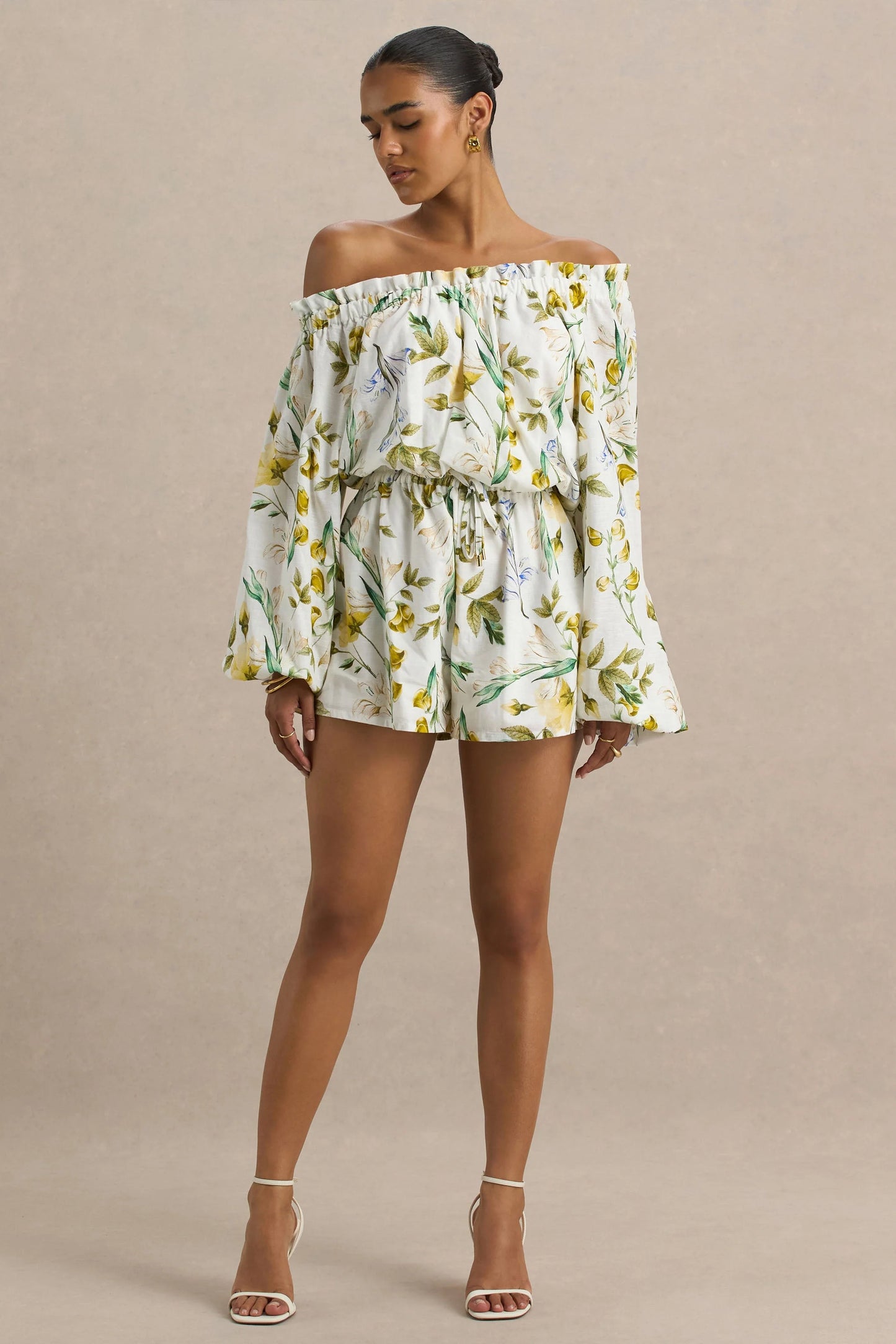 Waterfall Lemon Floral Print Asymmetric Long-Sleeve Playsuit