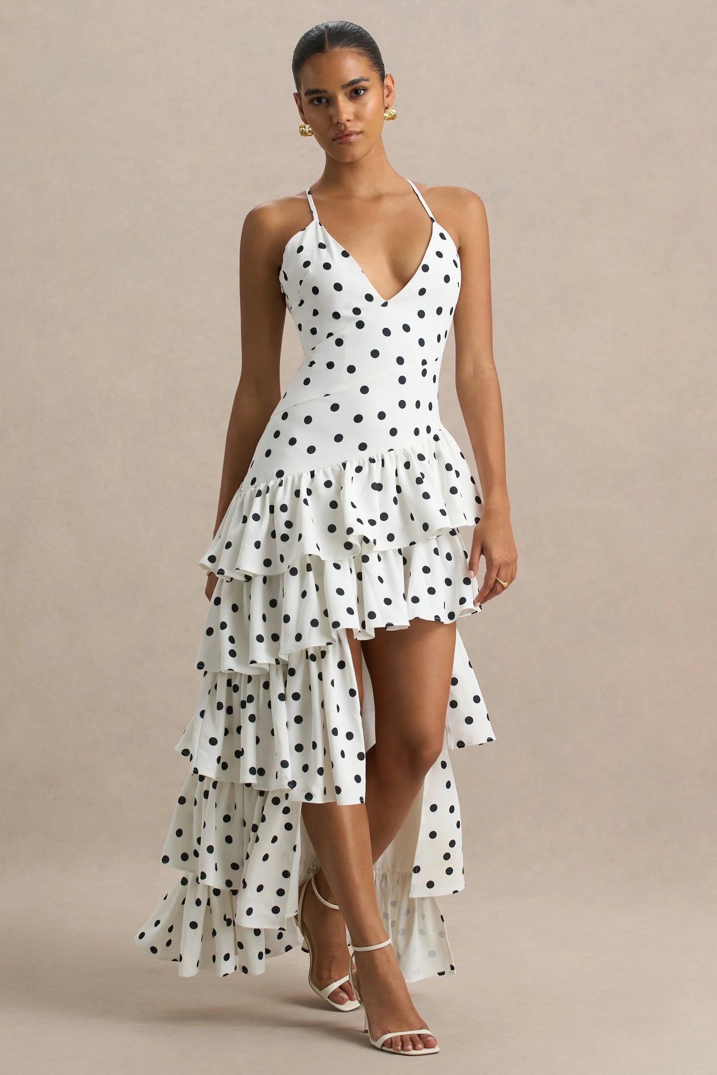 Bogota Polka Dot Plunge-Neck Maxi Dress With Ruffling Details And Front High Split