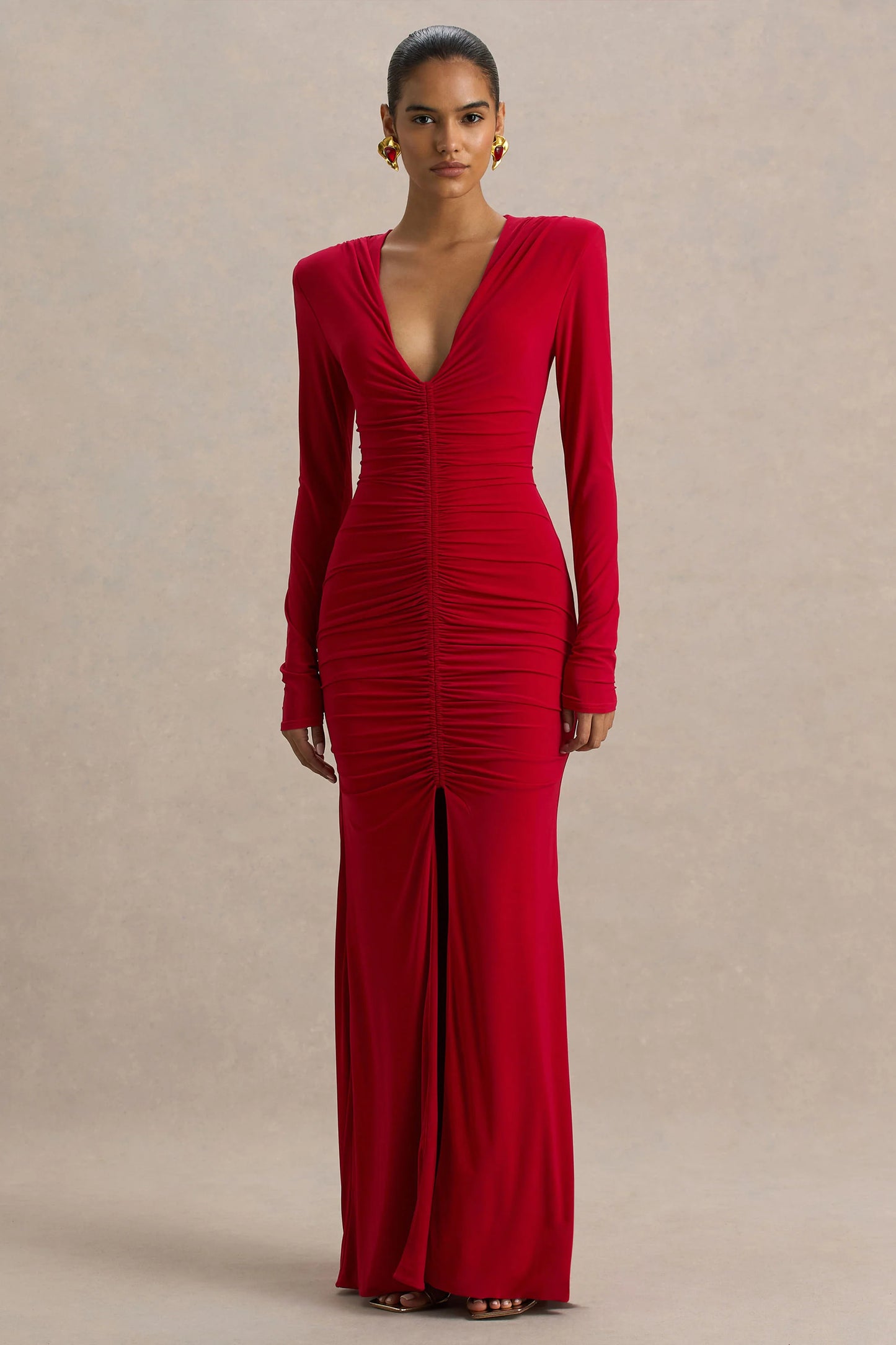 Jewel Red Plunge-Neck Maxi Dress With Front Split and Ruched Detailing