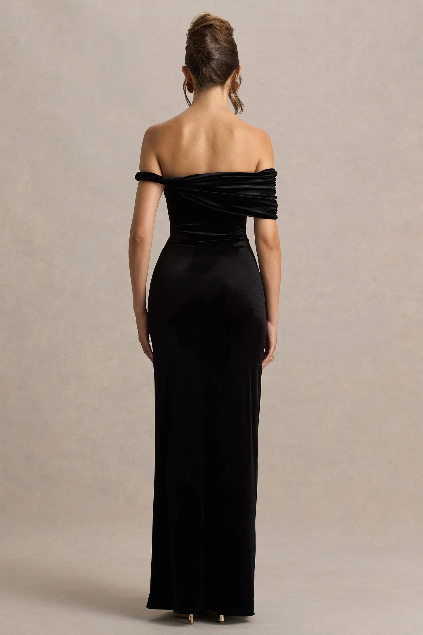 Poised Black Velvet Bardot-Neck Maxi Dress With Twist-Sleeve