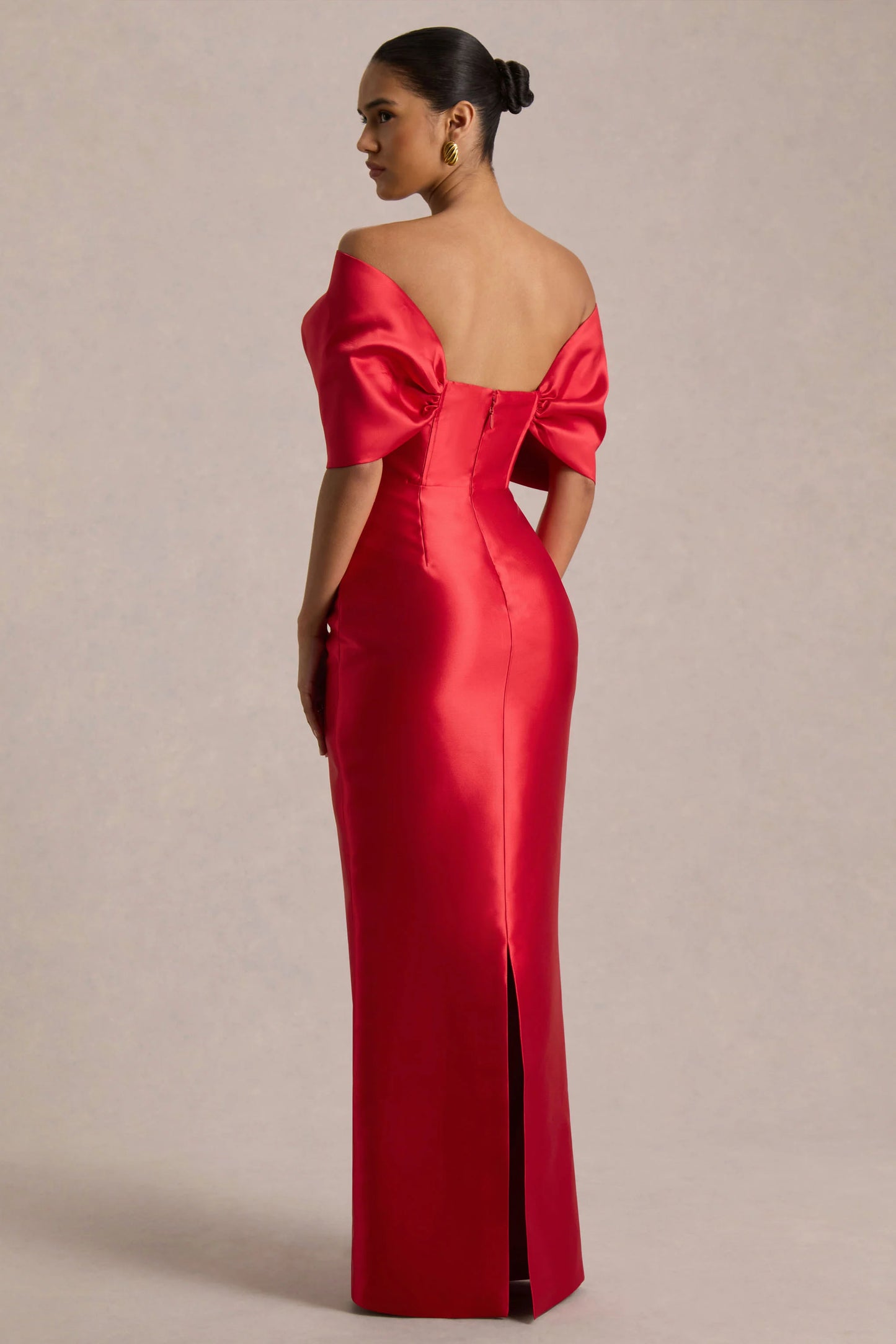 Wanting More Red Satin Cape Maxi Dress With Oversized Bow
