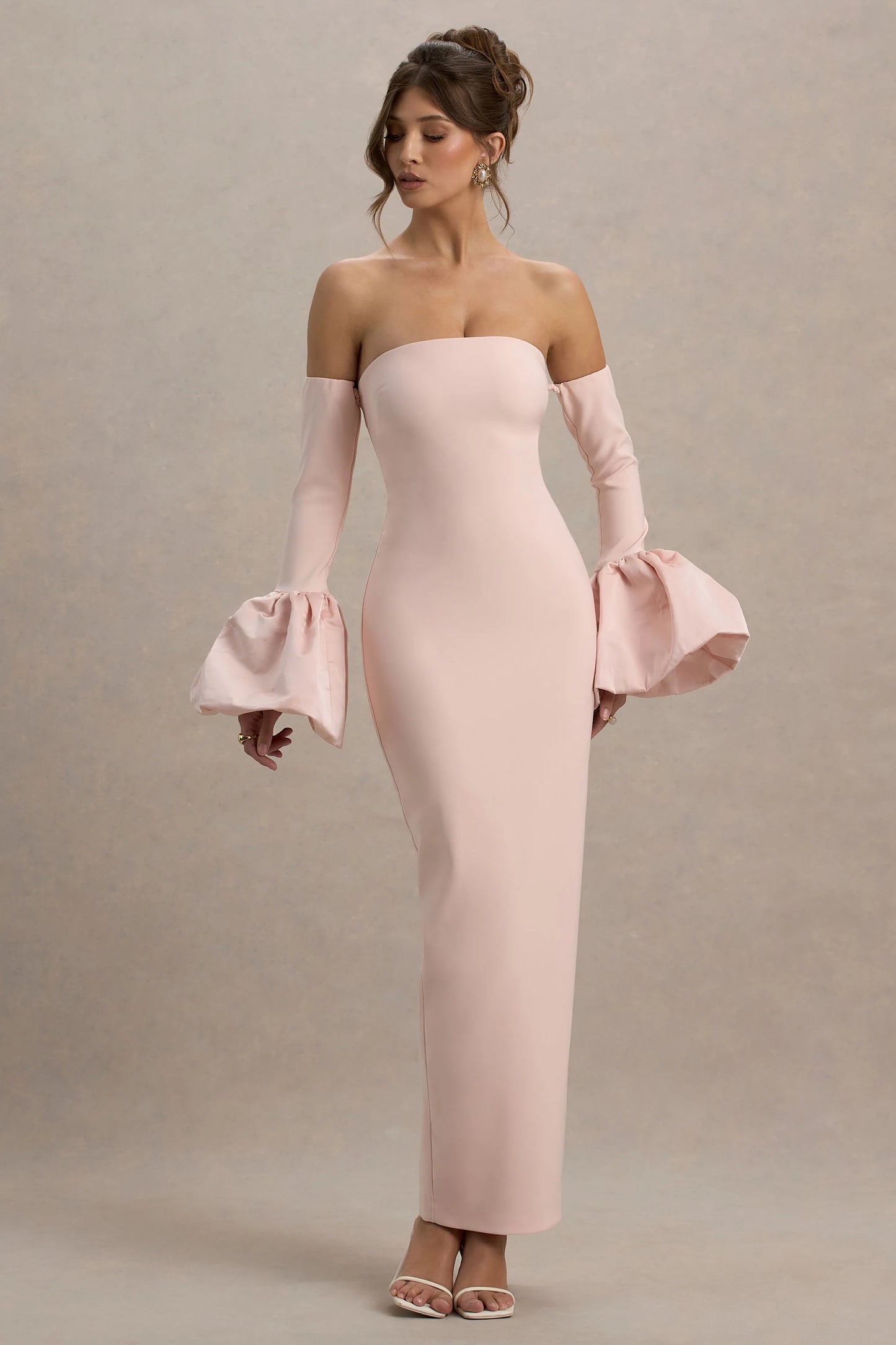 Myah Pink Bandeau Long-Sleeve Maxi Dress With Puff Cuffs
