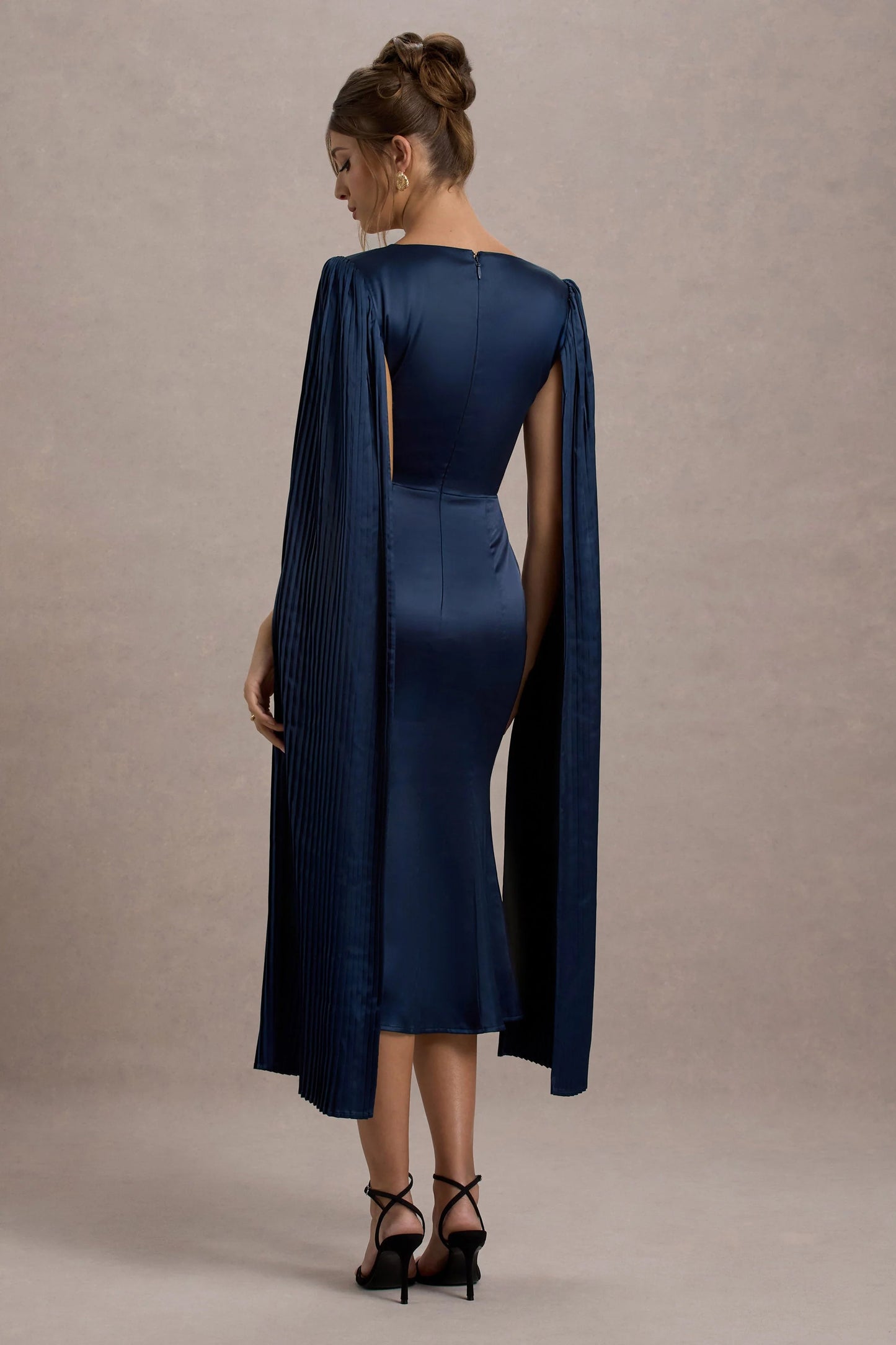 Nalda Navy Square-Neck Midi Dress With Cape Sleeves