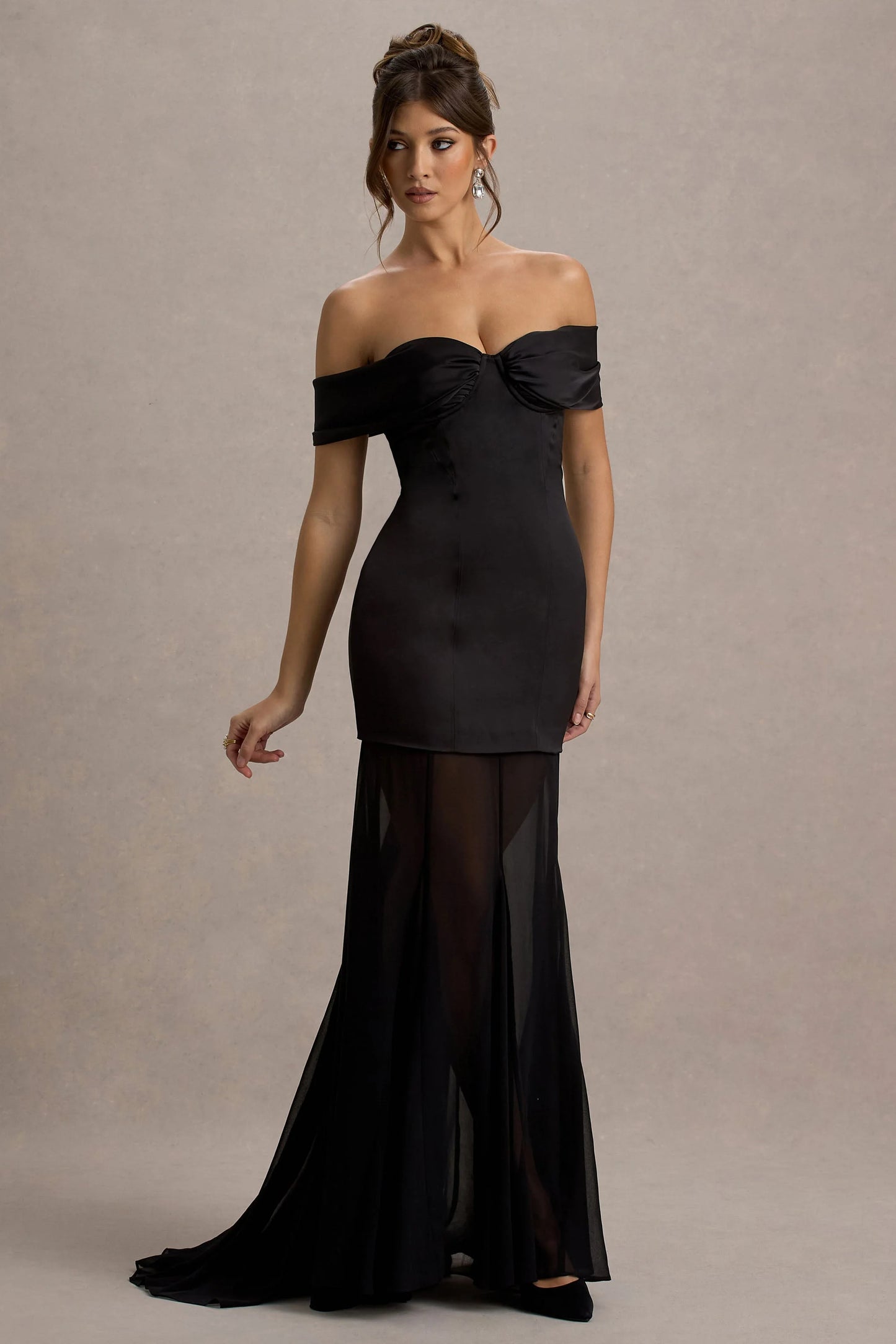 Anders Black Satin Bardot Maxi Dress With Sheer Skirt