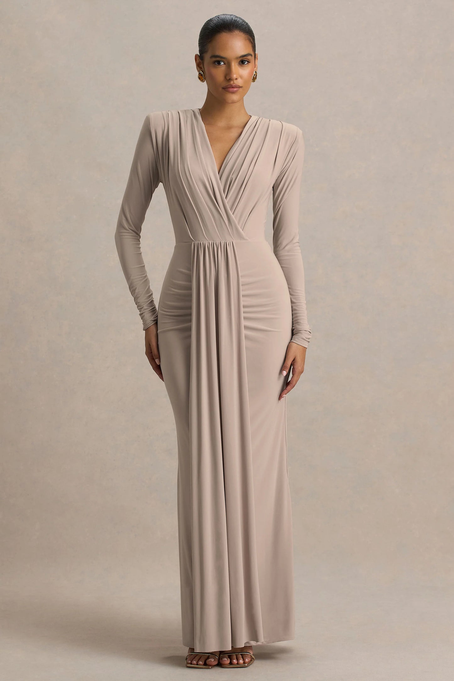 Flashy Champagne Plunge-Neck Maxi Dress With Ruched Detailing
