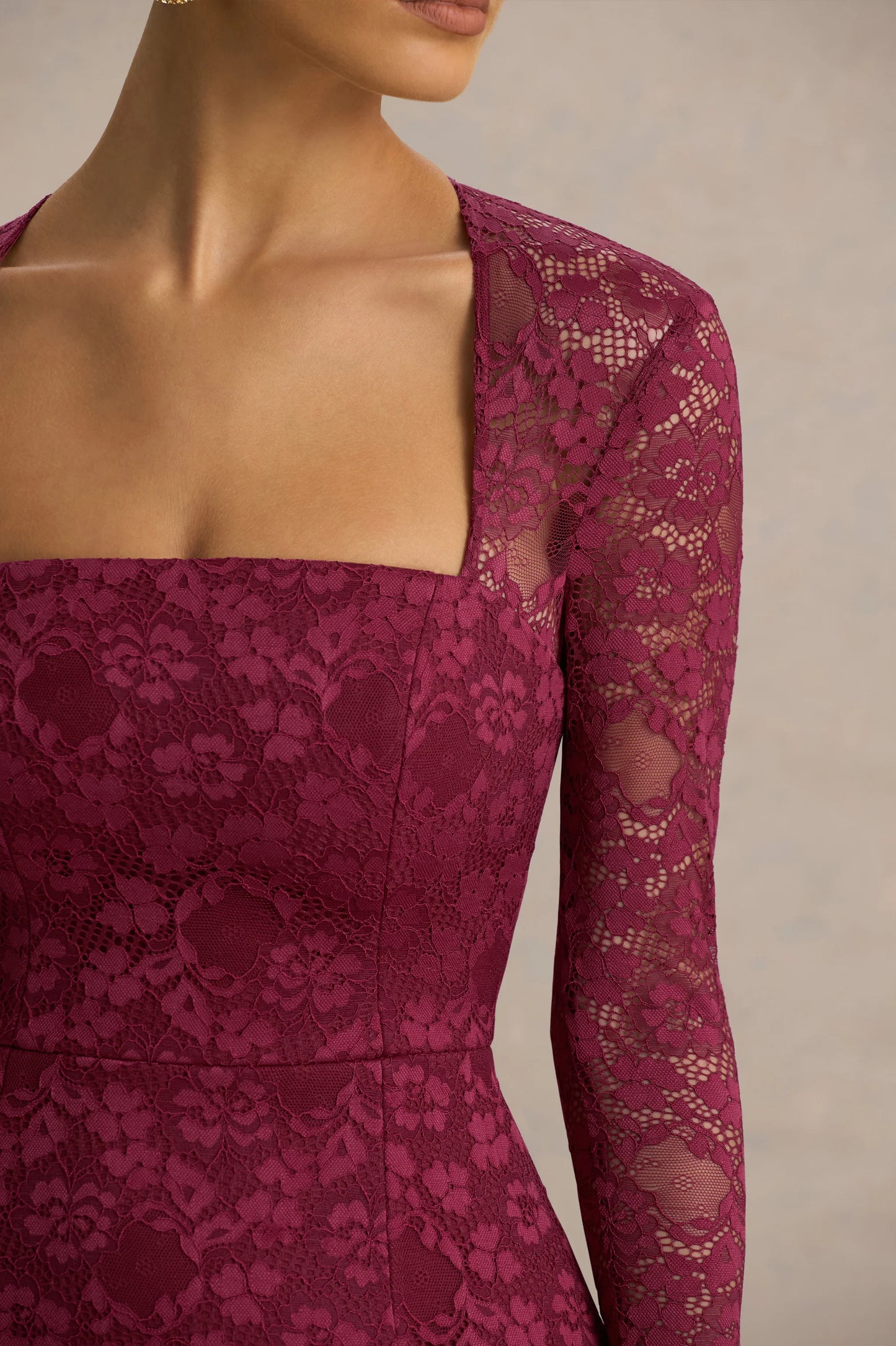 Bijou Burgundy Square-Neck Lace Long-Sleeve Mini Dress
