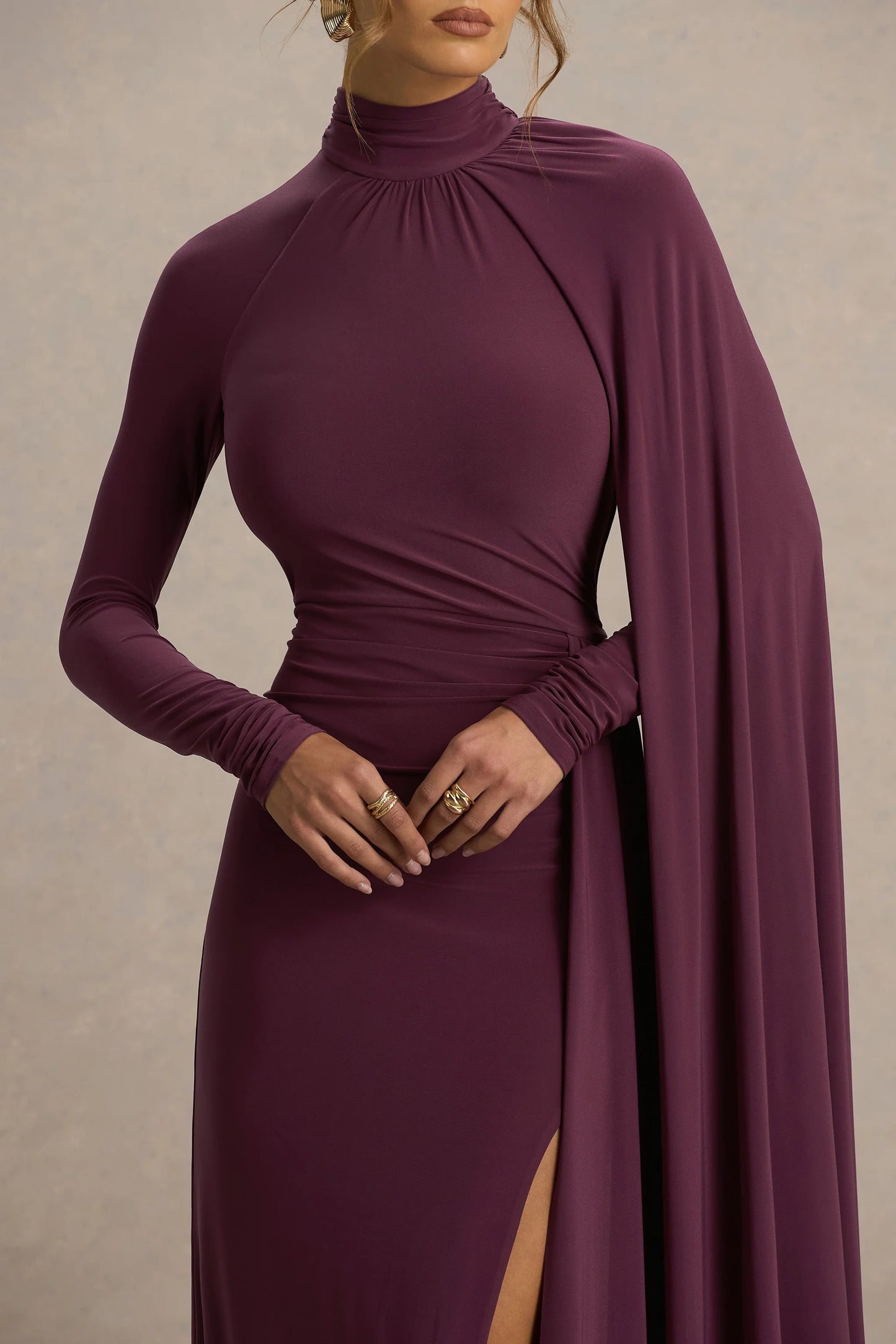 Anticipation Burgundy High-Neck Maxi Dress With Front Split And Ruched Detailing