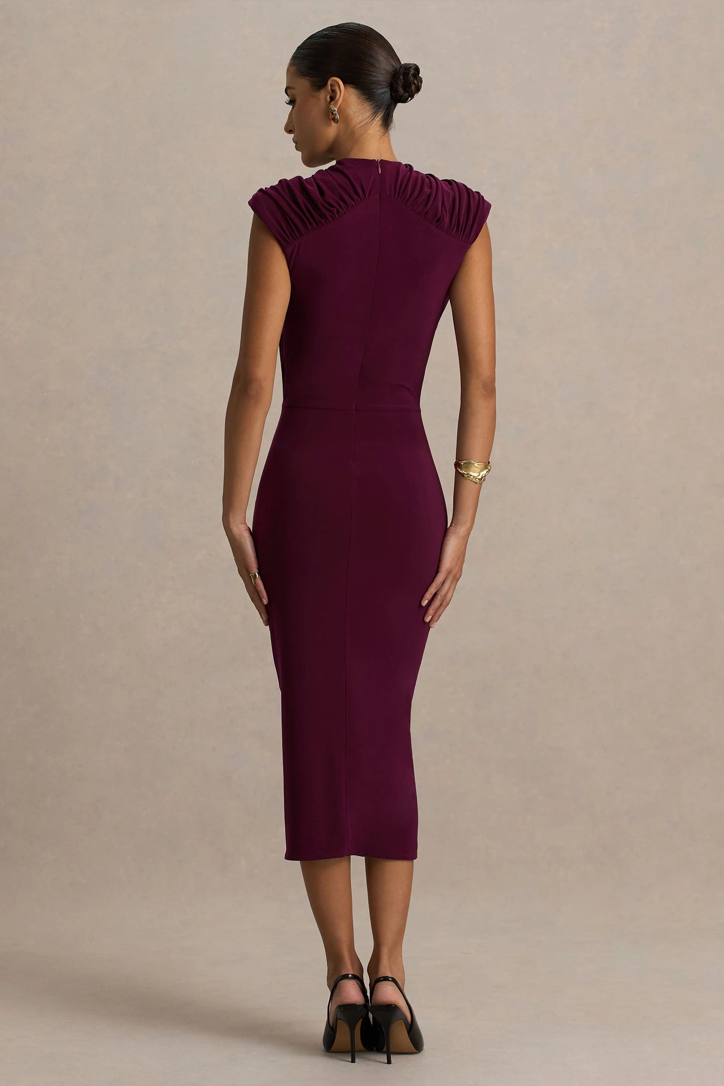 Hermia Burgundy High-Neck Midi Dress