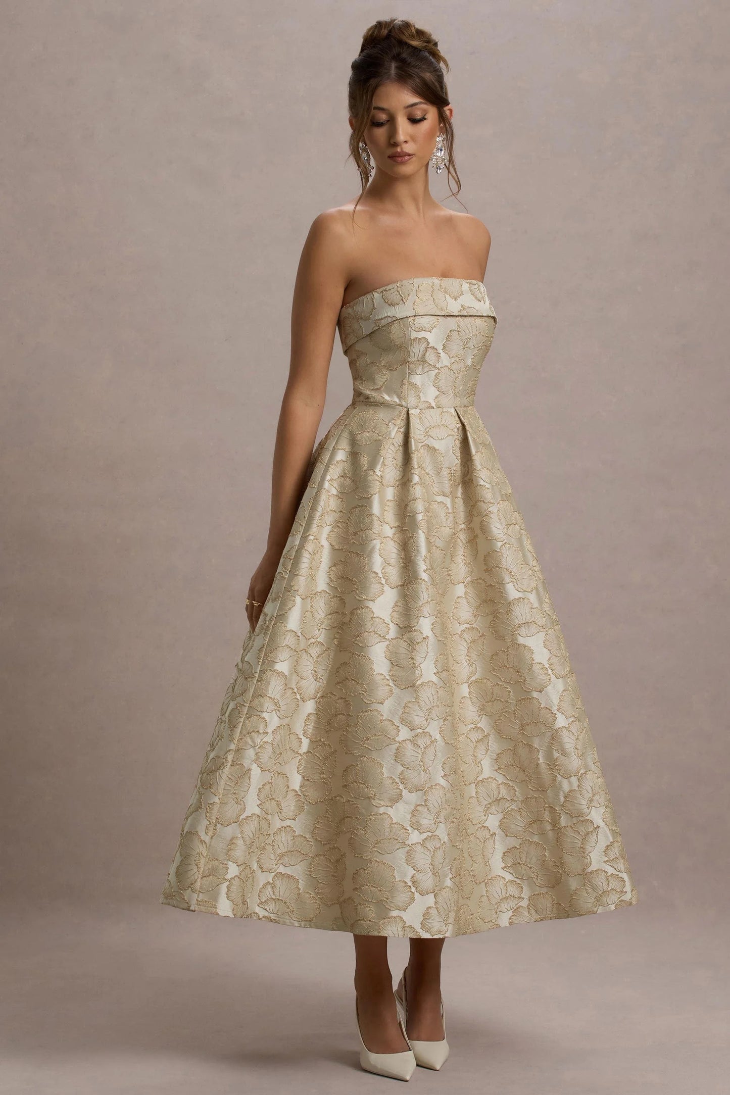 Zuma Gold Metallic Jacquard Strapless Midi Dress
