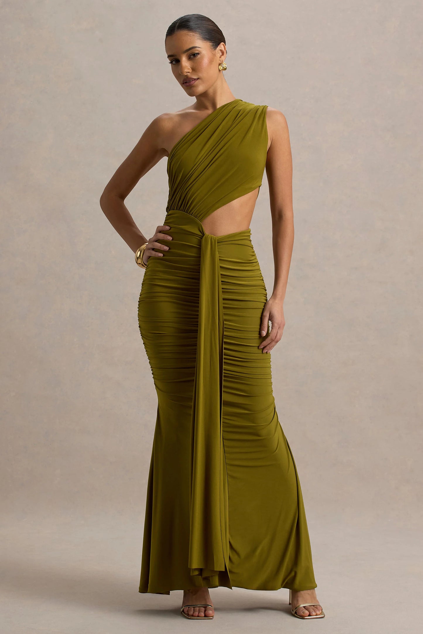 Beline Green One-Shoulder Cut-Out Maxi Dress With Drape