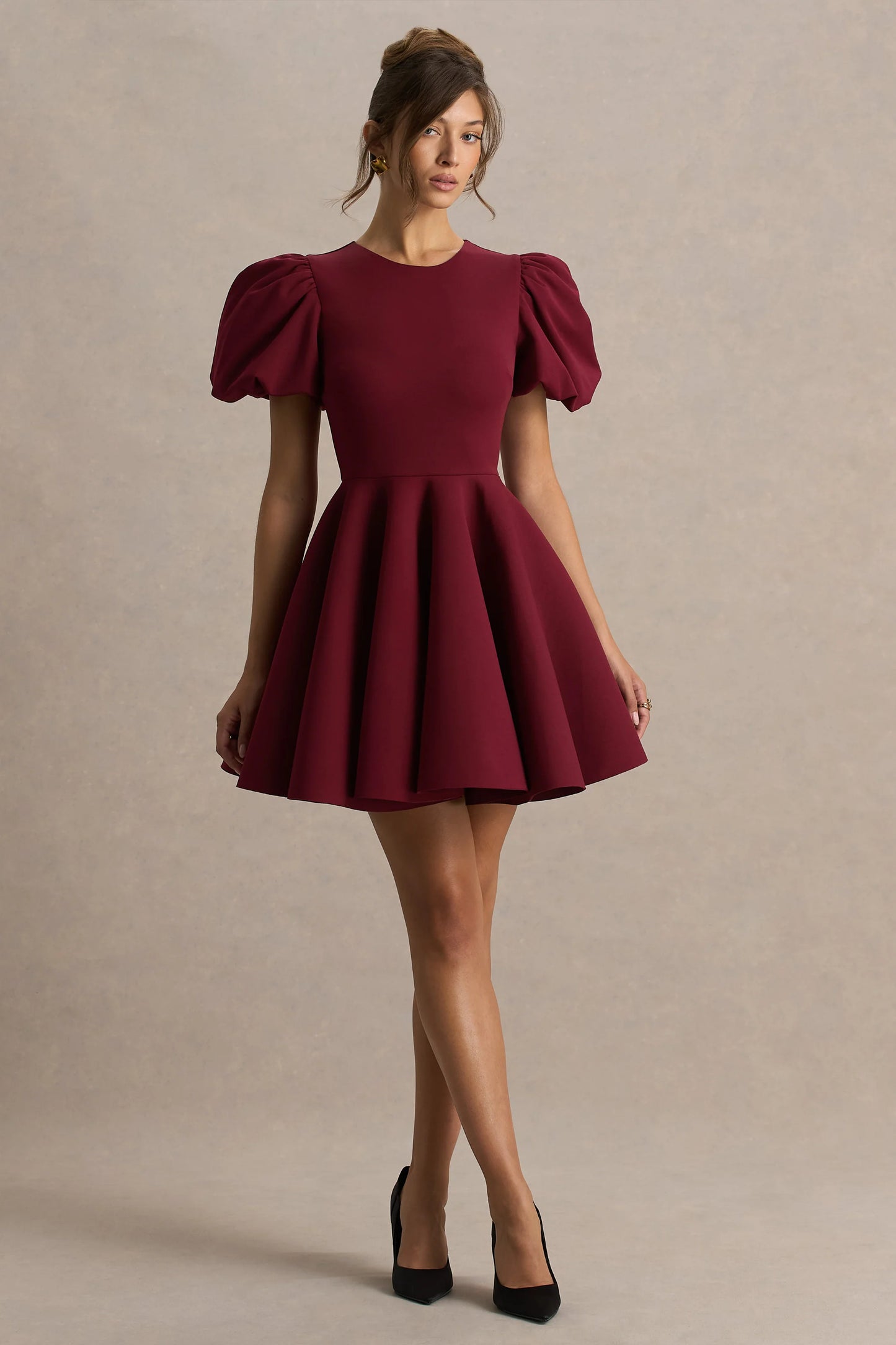 Emelia Burgundy Puff-Sleeve Skater Mini Dress