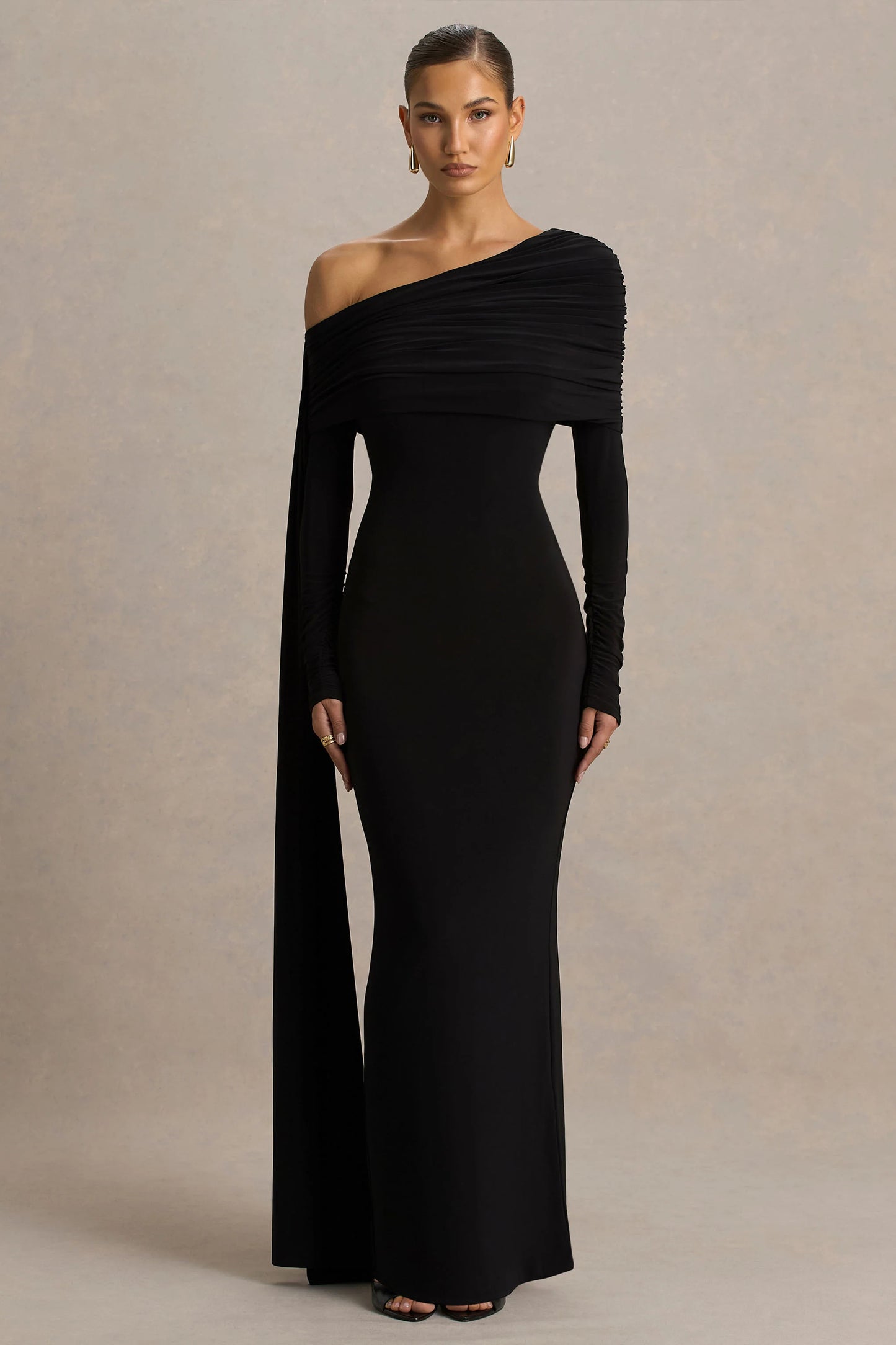Octavia Black Bardot-Neck Maxi Dress With Cape And Ruched Detailing