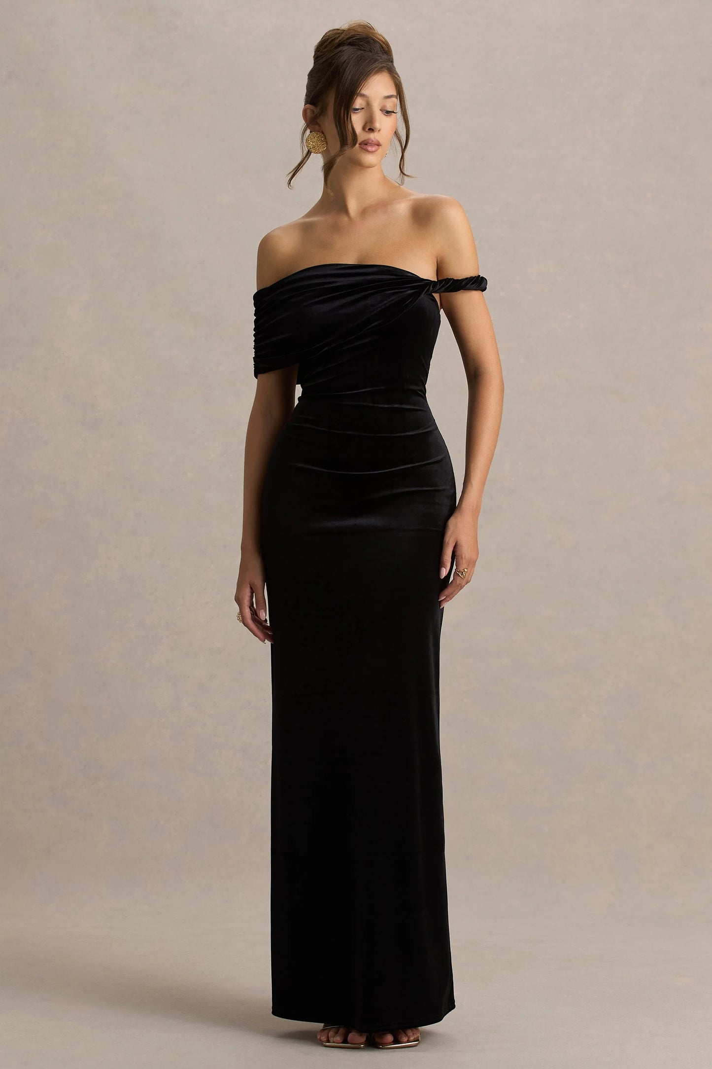 Poised Black Velvet Bardot-Neck Maxi Dress With Twist-Sleeve