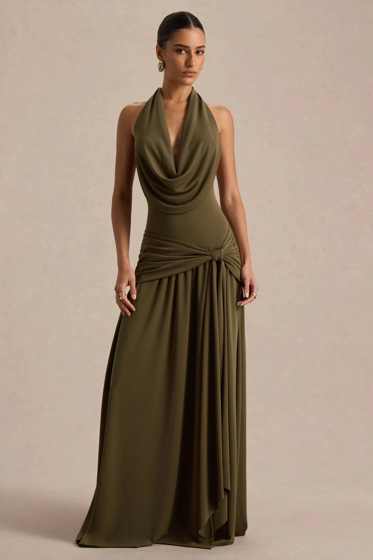Mist Olive Plunge-Neck Maxi Dress With Knot-Detail And Open-Back