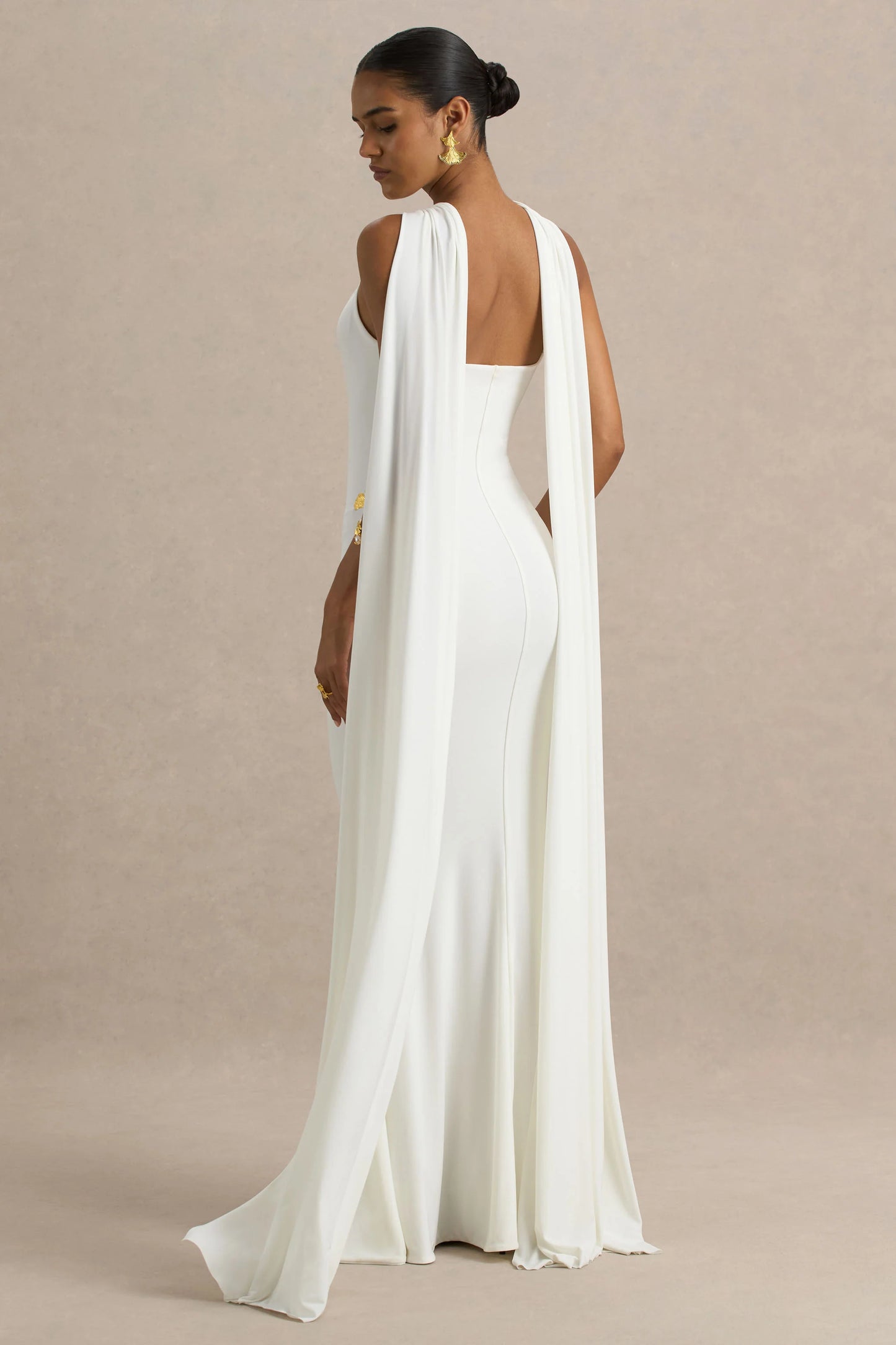 Rhoda White Twist Halter-Neck Cape Maxi Dress