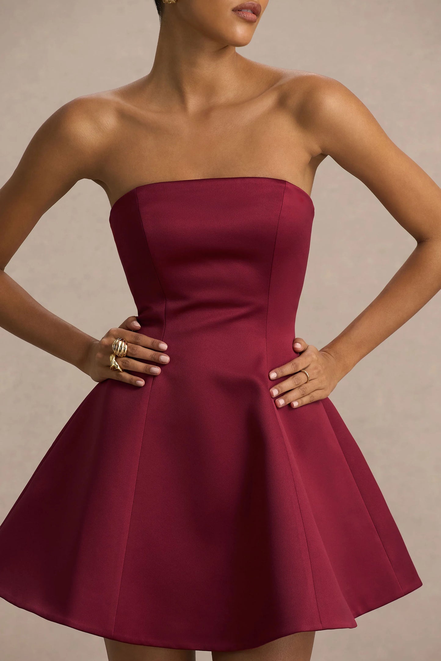 Lioray Burgundy Satin Bandeau-Neck A-Line Mini Dress