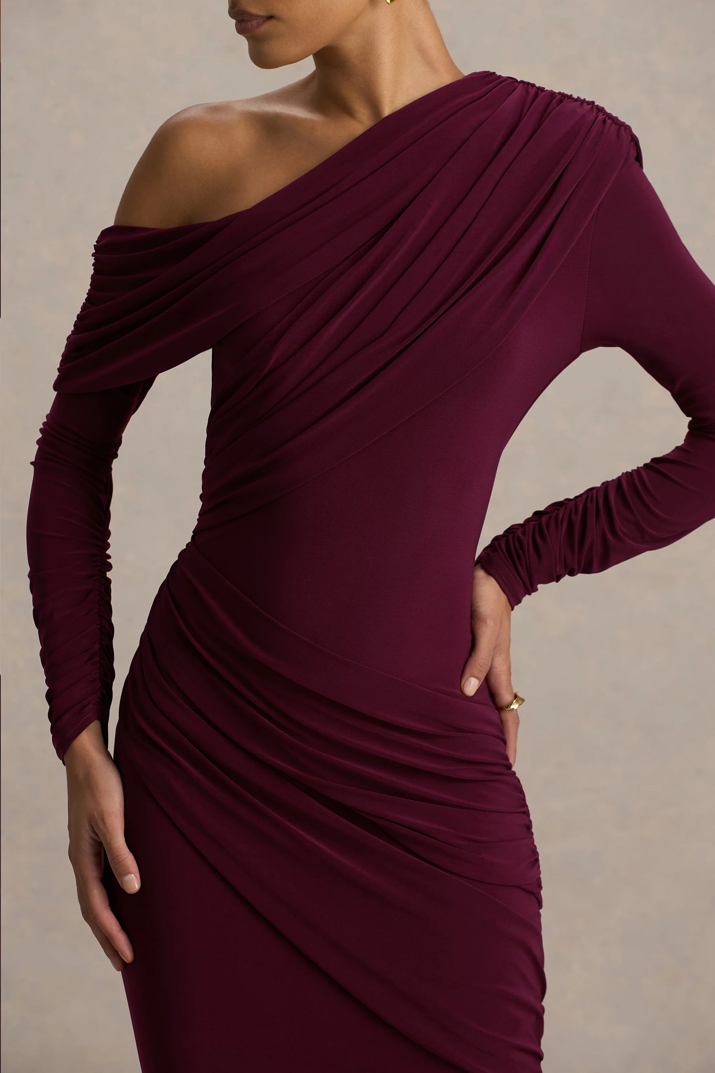 Perrie Burgundy Asymmetric-Neck Maxi Dress With Ruched Detailing