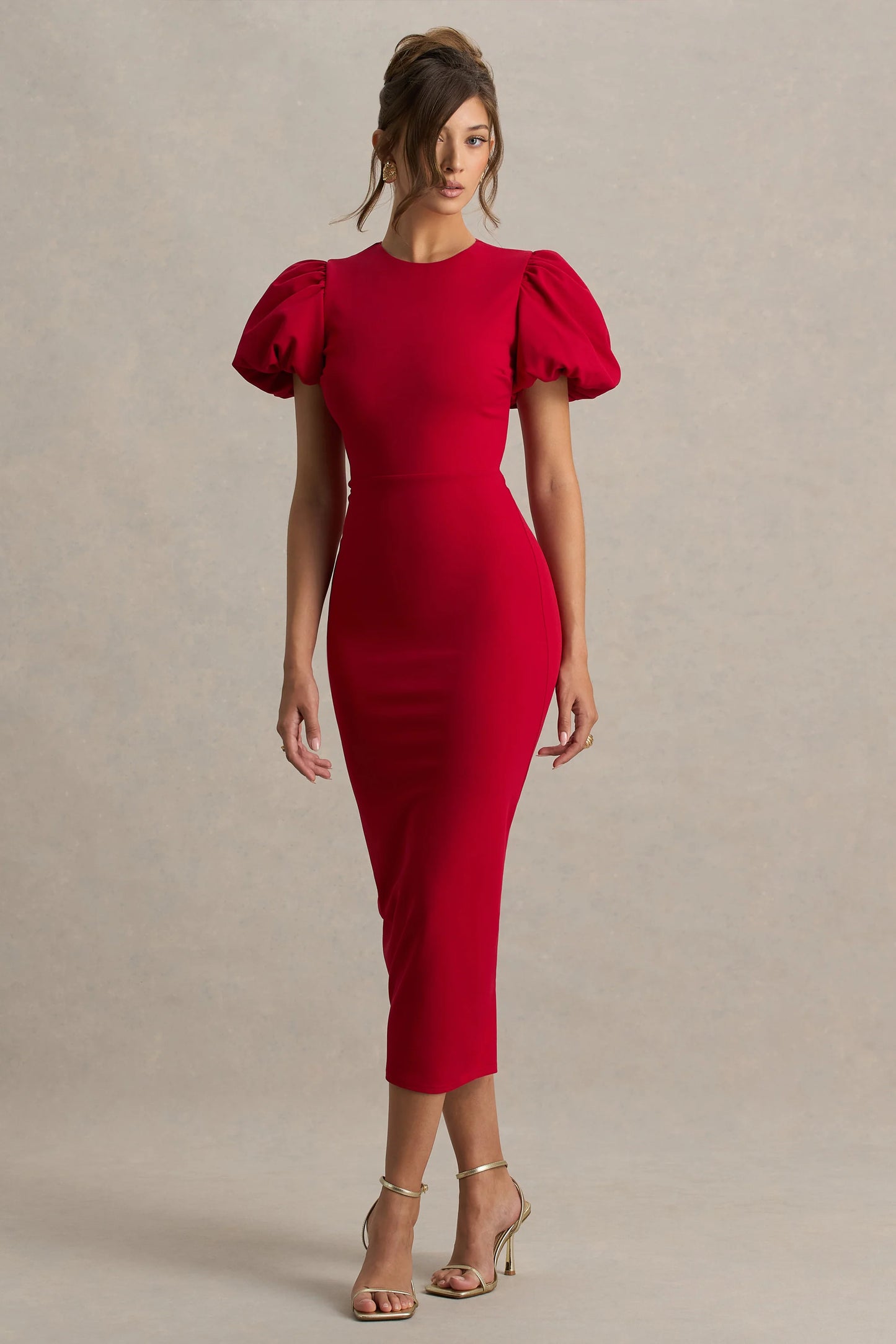 Dakota Red Puff-Sleeve Midi Dress