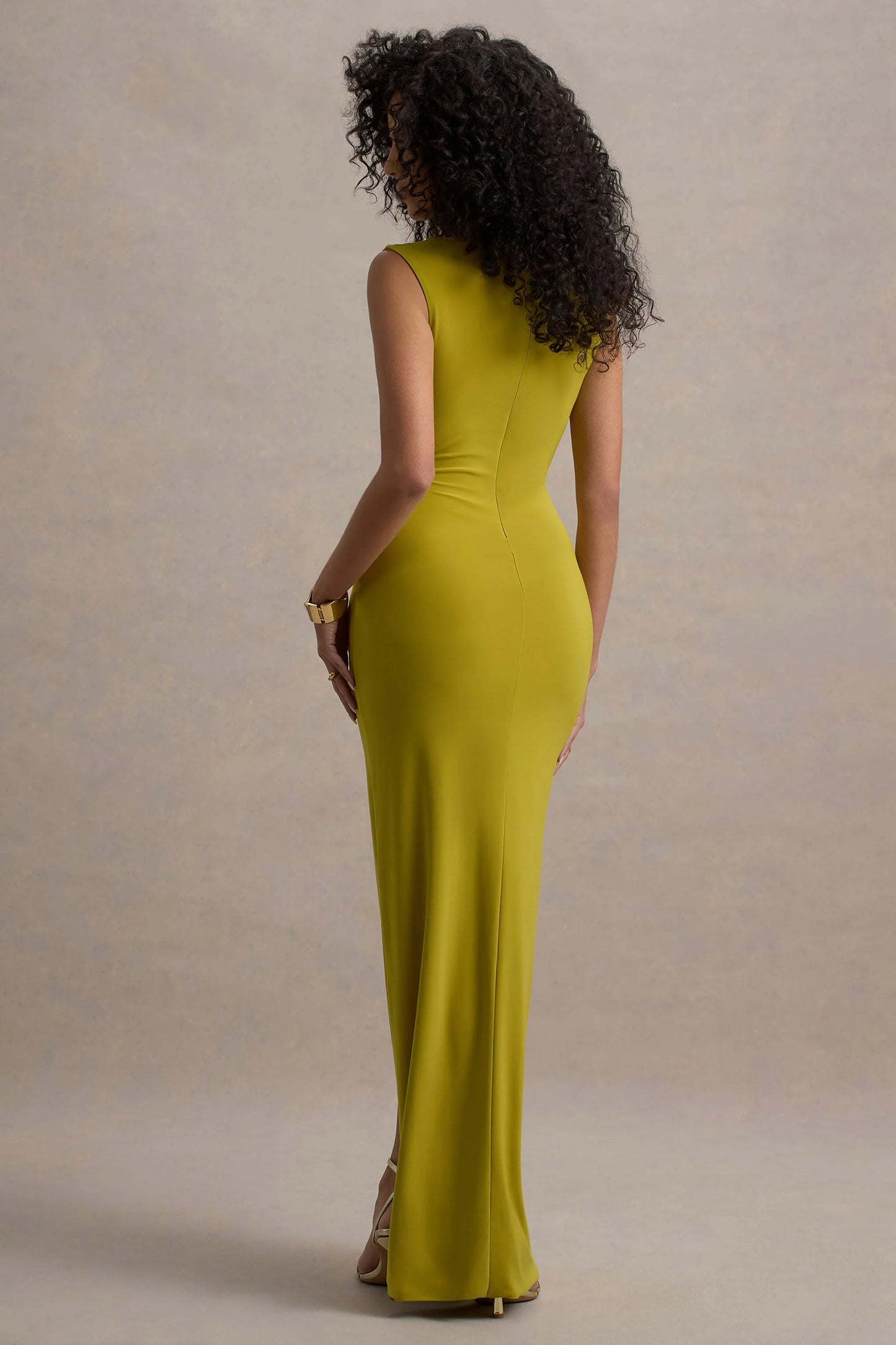 Lanetta Green Ruched High-Neck Maxi Dress With Split