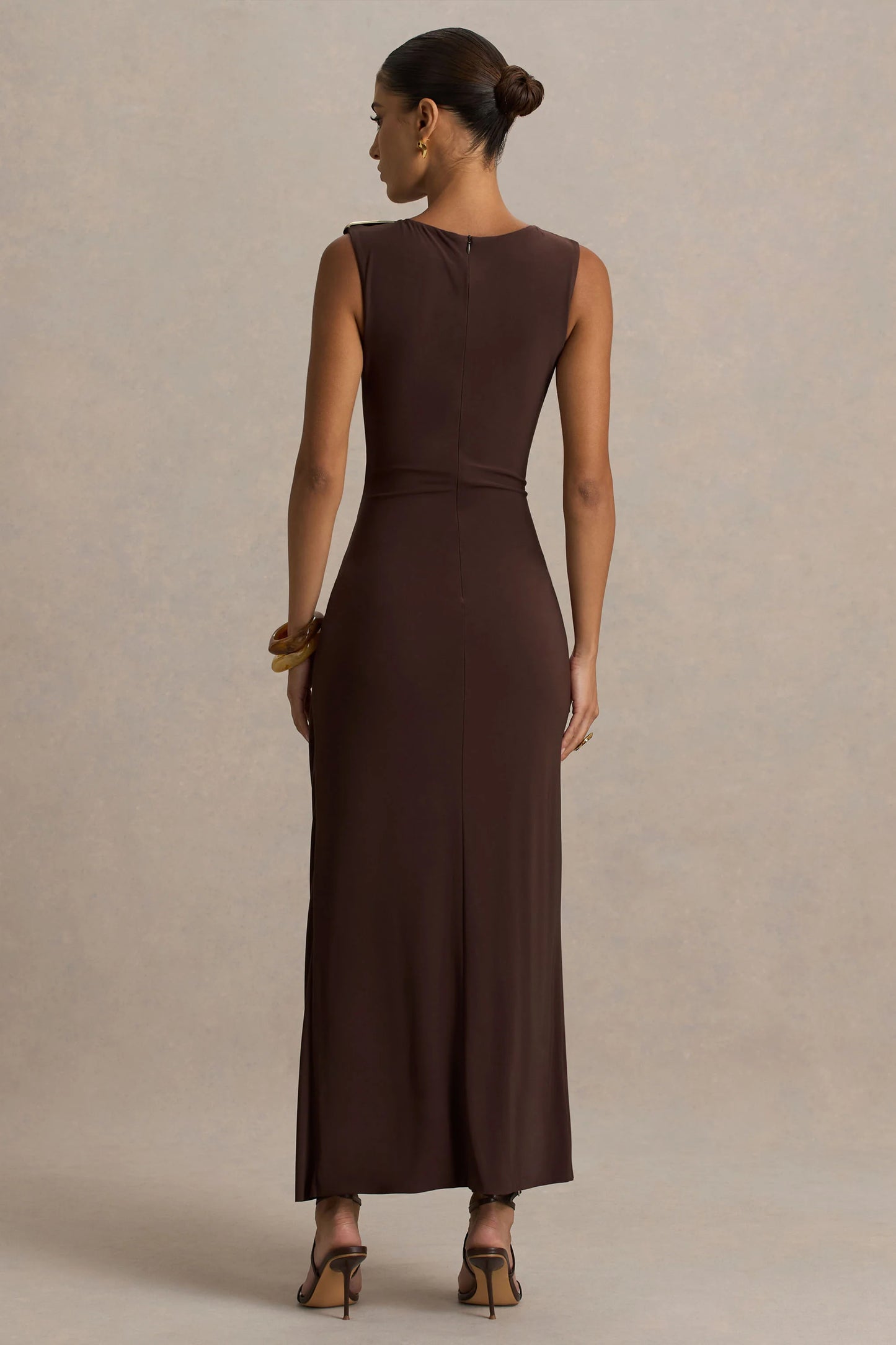 Fiora Brown Wide-Neck Maxi Dress With Gathered Detail