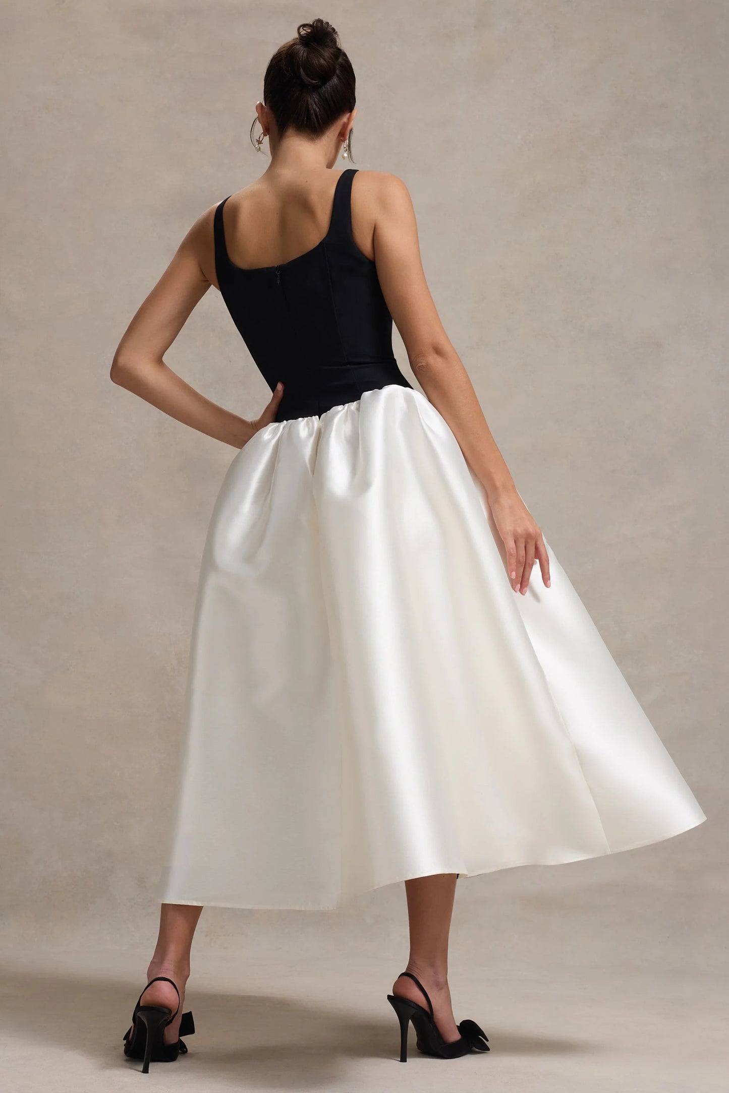 Christie Black and Cream Scoop-Neck Midi Dress With Volume Skirt