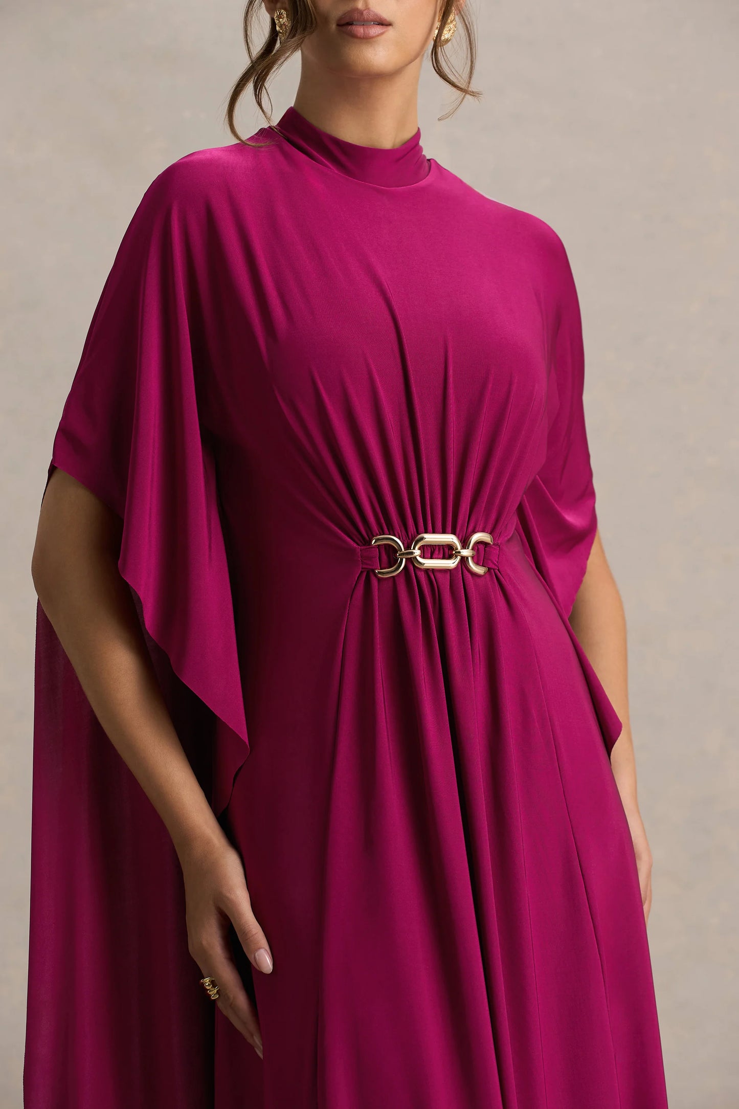 Olessia Burgundy Belted Gathered Cape-Sleeve Maxi Dress