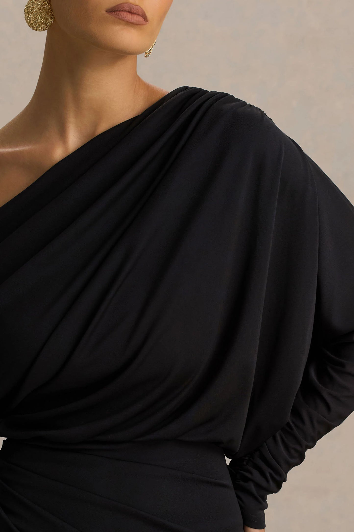 Olivia Black Asymmetric-Neck Maxi Dress With Ruched Detailing And Asymmetric-Hem