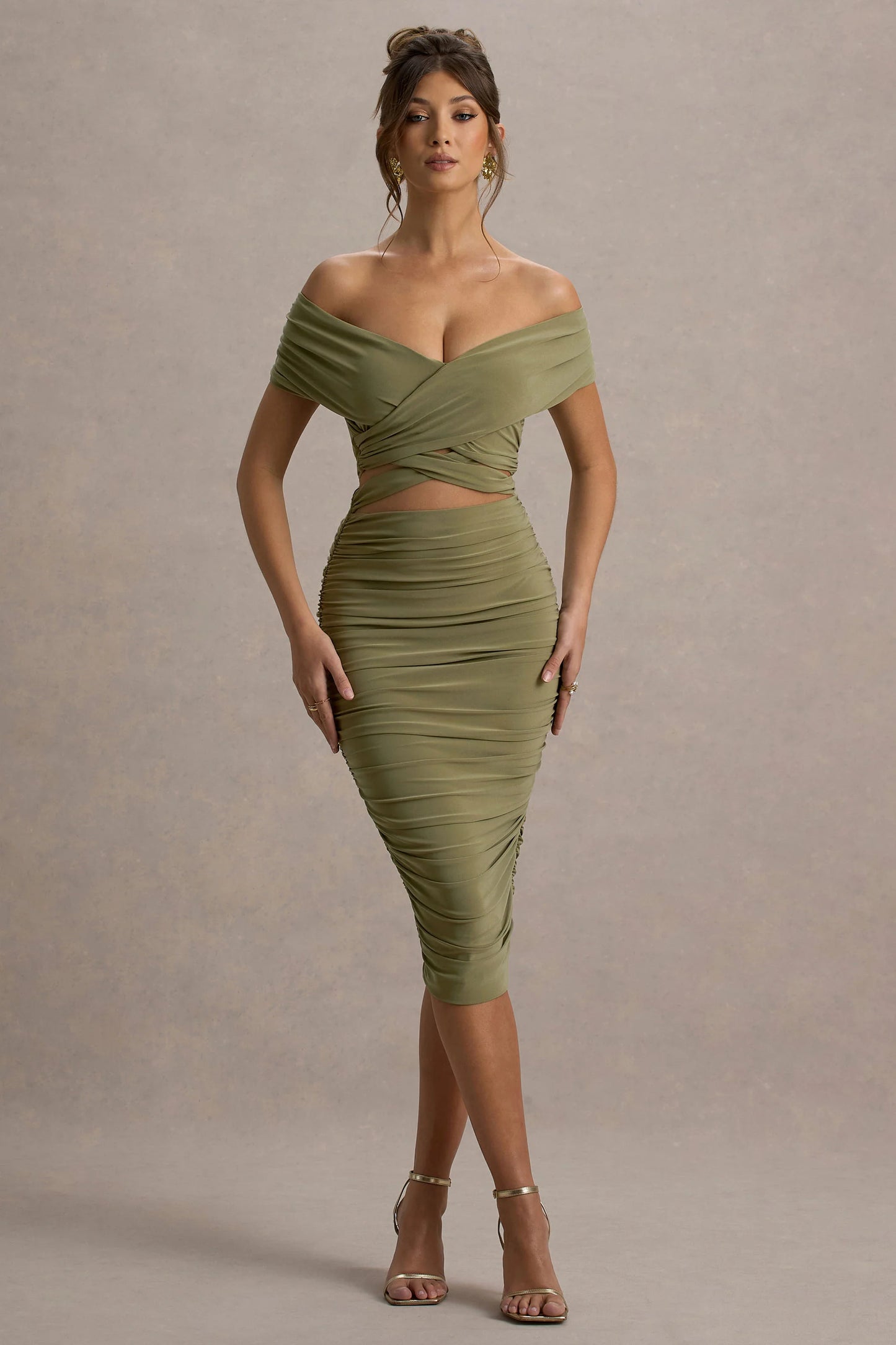 Clovette Olive Ruched Bardot Cut-Out Midi Dress