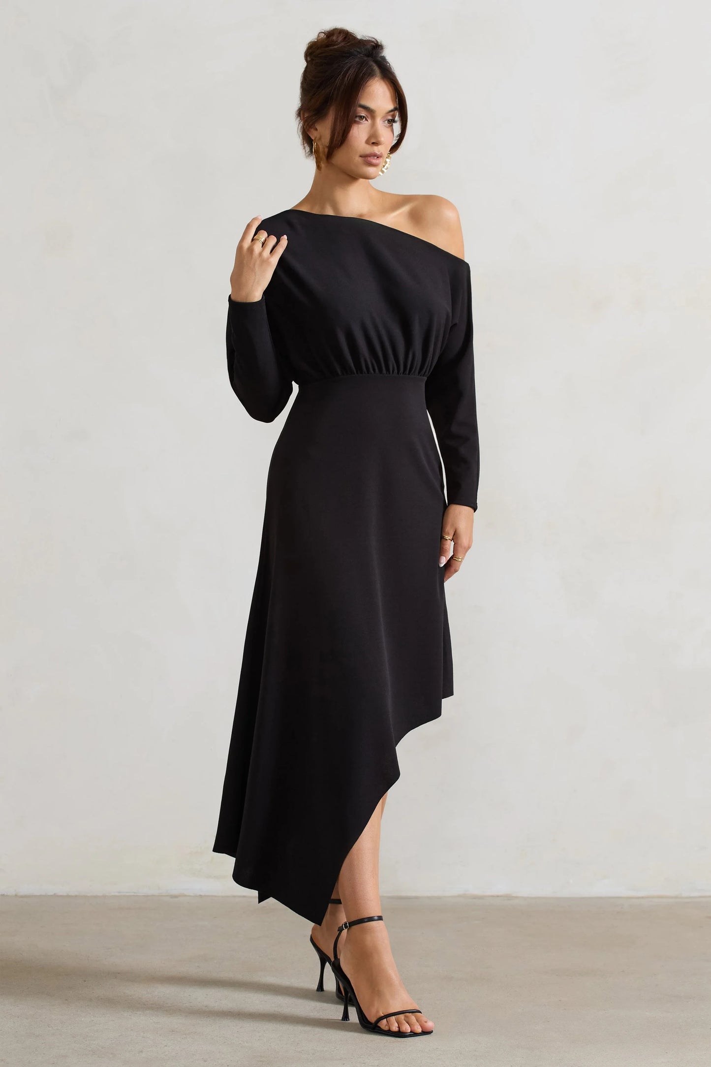 Lori Black Asymmetric Long-Sleeve Maxi Dress