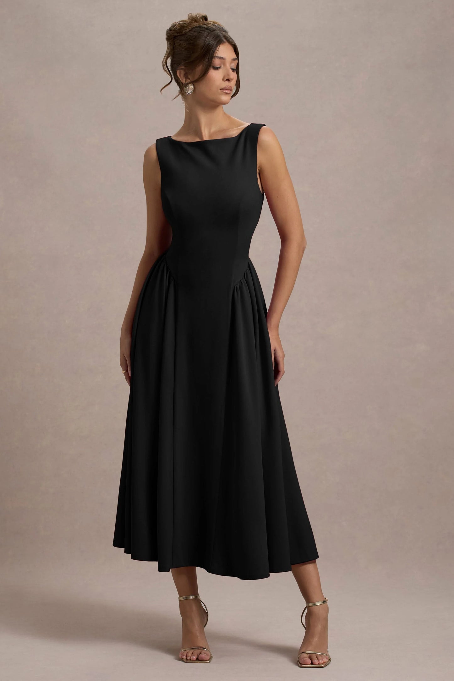 Muriel Black Boat-Neck Volume-Hem Midi Dress