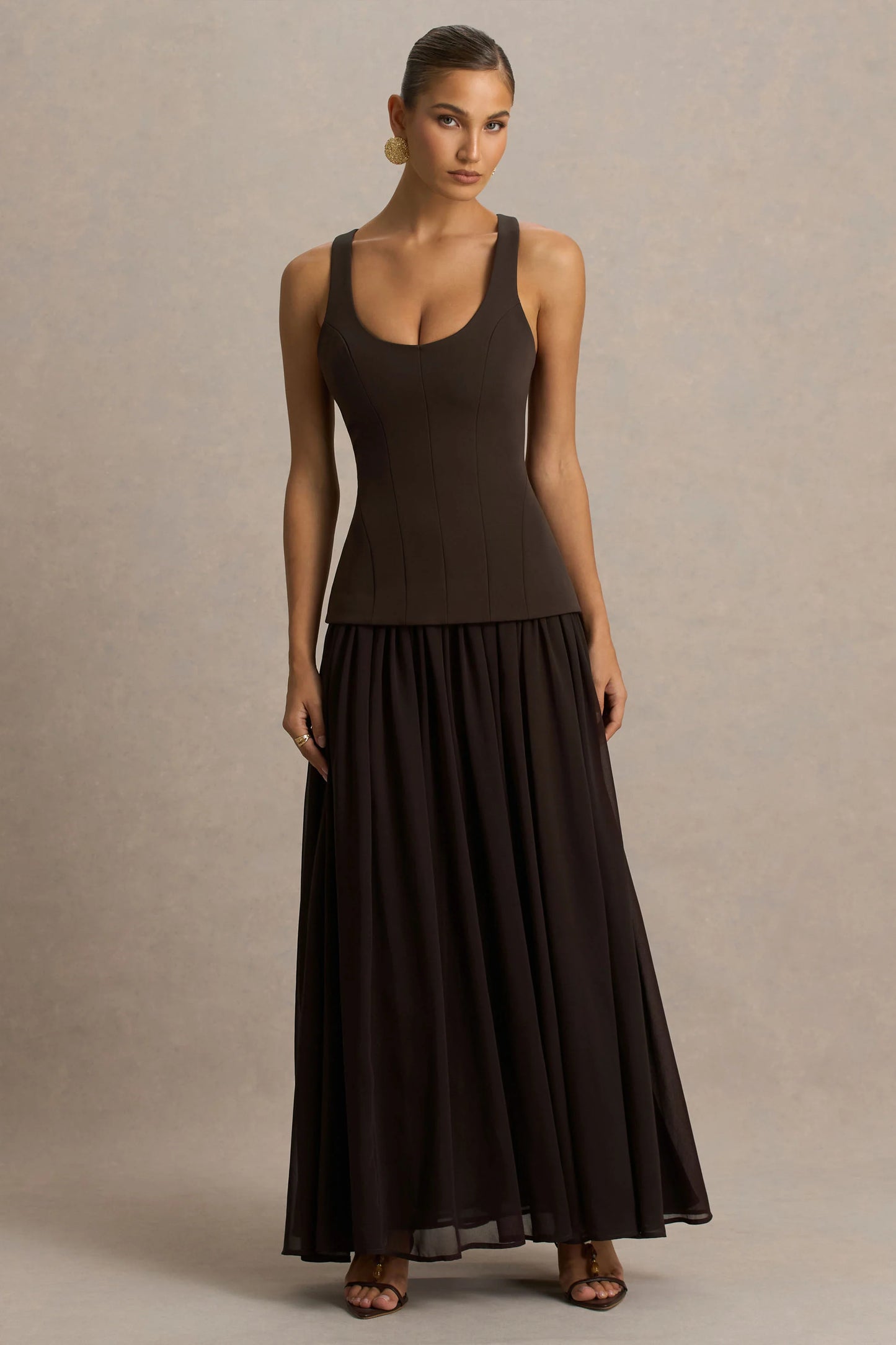Kelly Brown Scoop-Neck Maxi Dress With Pleated Mesh Skirt