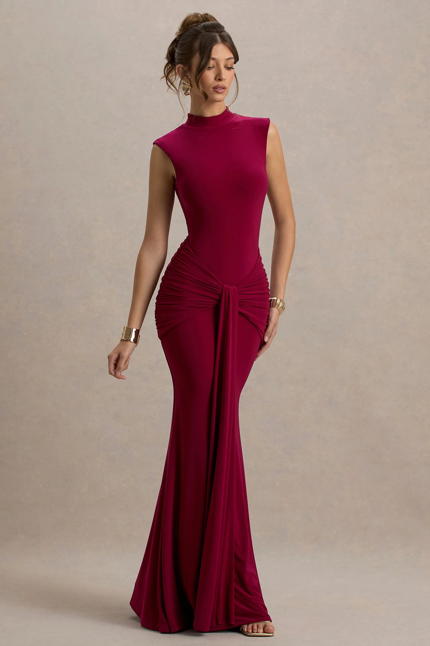 Graziana Burgundy High-Neck Gathered Draped Maxi Dress