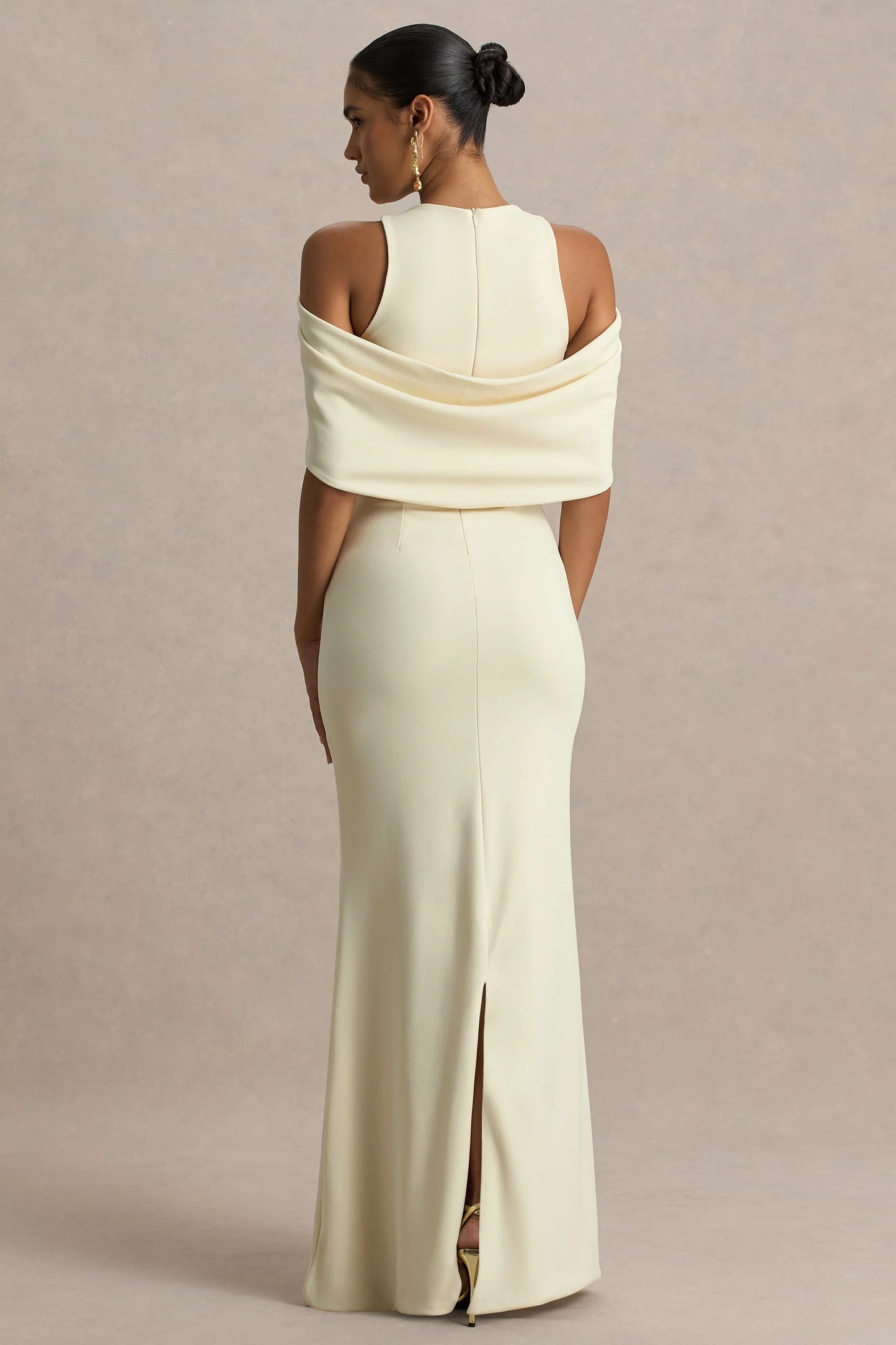 Yulia Sand High-Neck Maxi Dress With Cape Sleeves