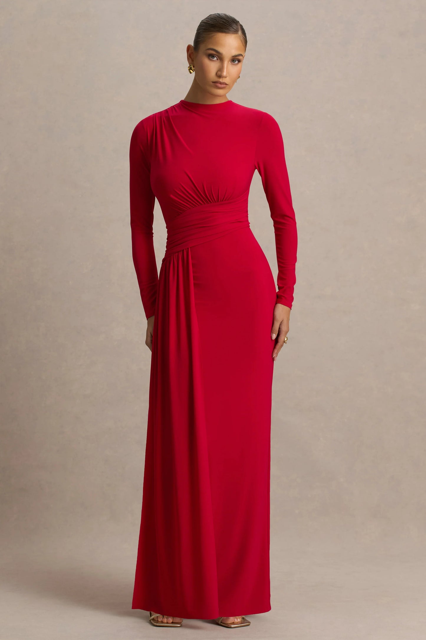 Virelle Red Boat-Neck Maxi Dress With Wrap Detail And Sash