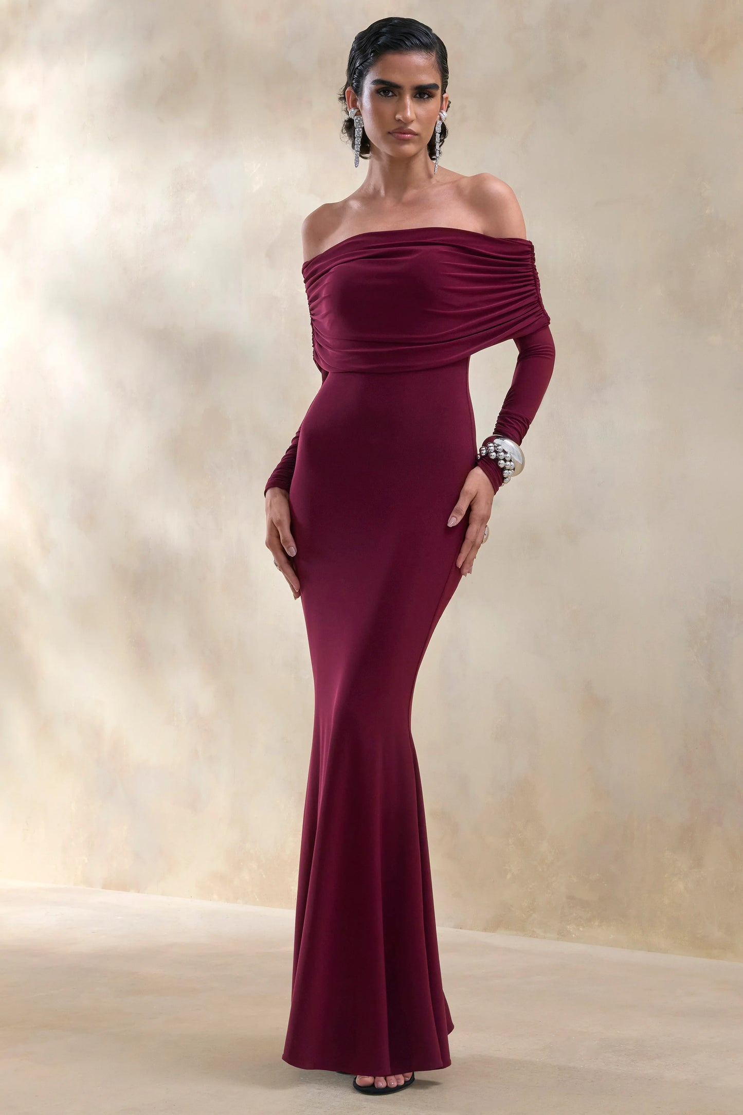 Brisea Burgundy Bardot-Neck Maxi Dress