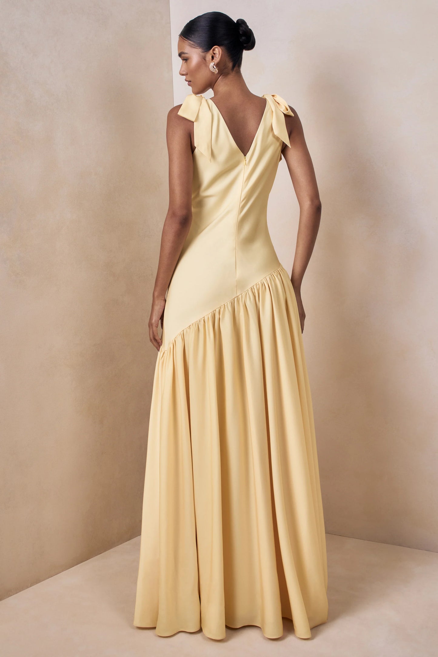Cala Lemon Matte Satin Plunge-Neck Maxi Dress With Bow-Sleeves