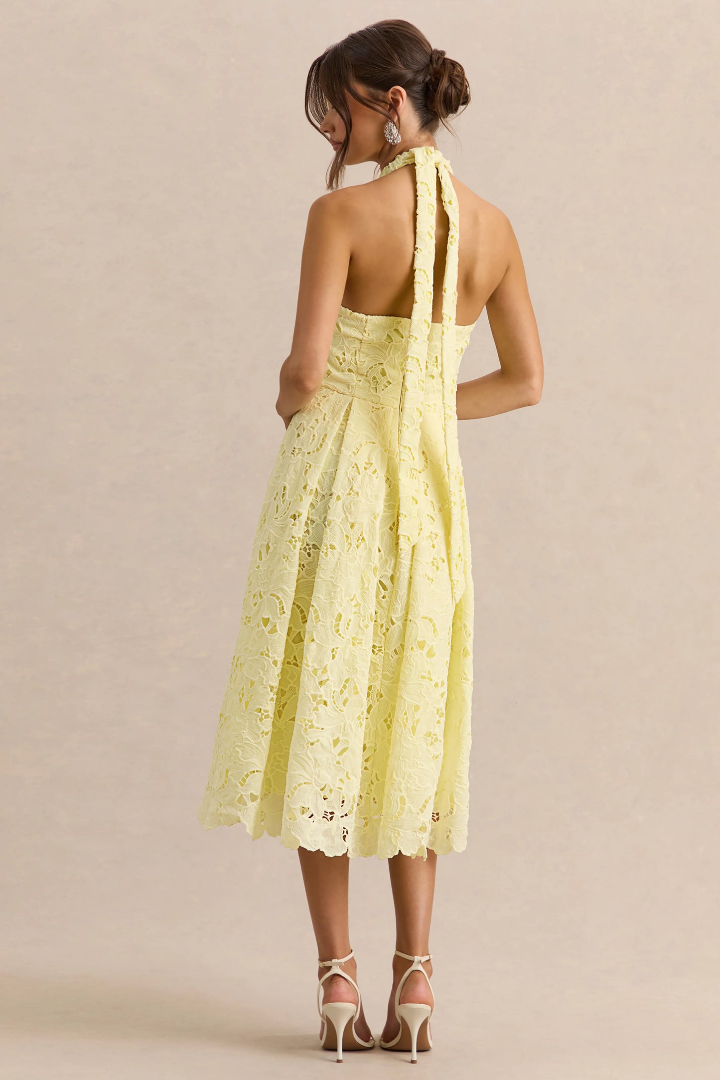 Maribel Lemon Lace Plunge-Neck Midi Dress