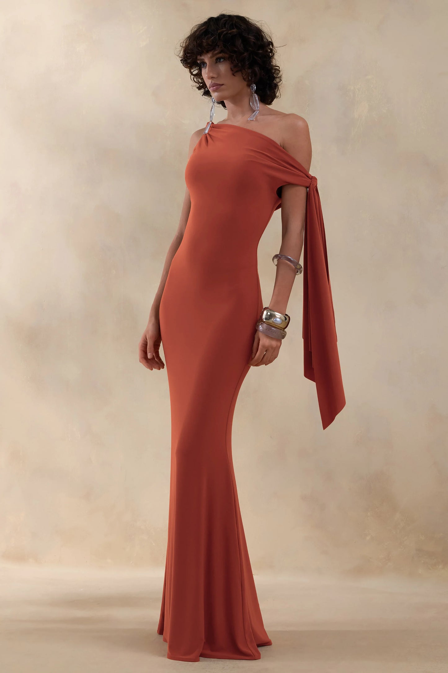 Vista Rust Asymmetric-Neck Maxi Dress With Knot-Sleeve Detail
