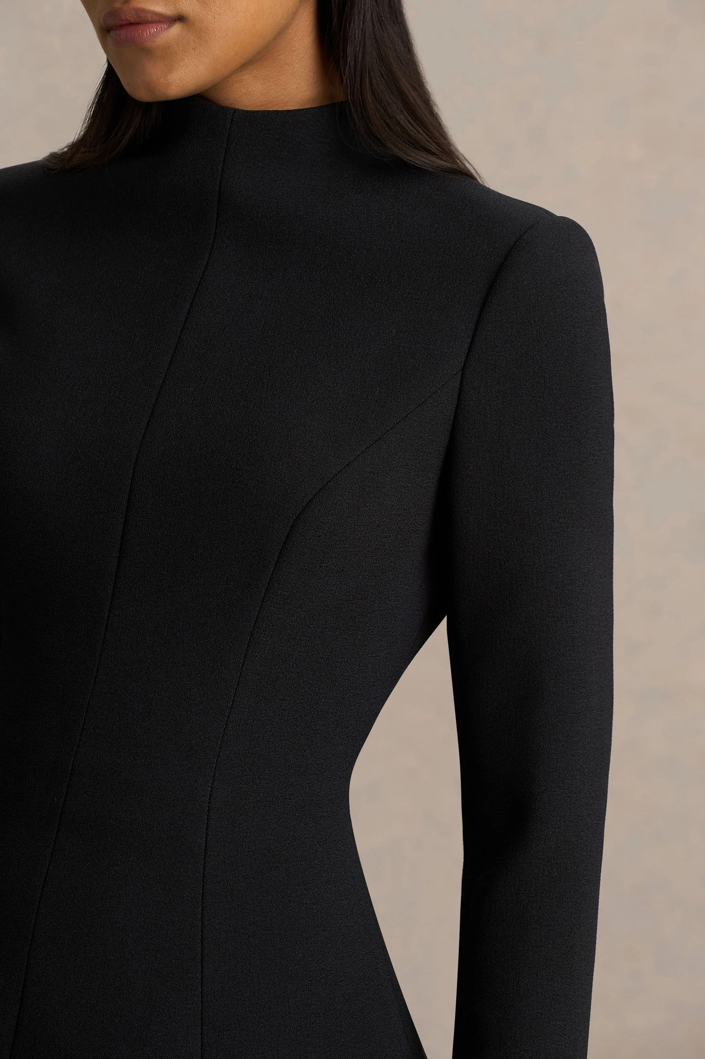 Pepita Black High-Neck Tailored Maxi Dress With Drop-Waist And Satin Skirt