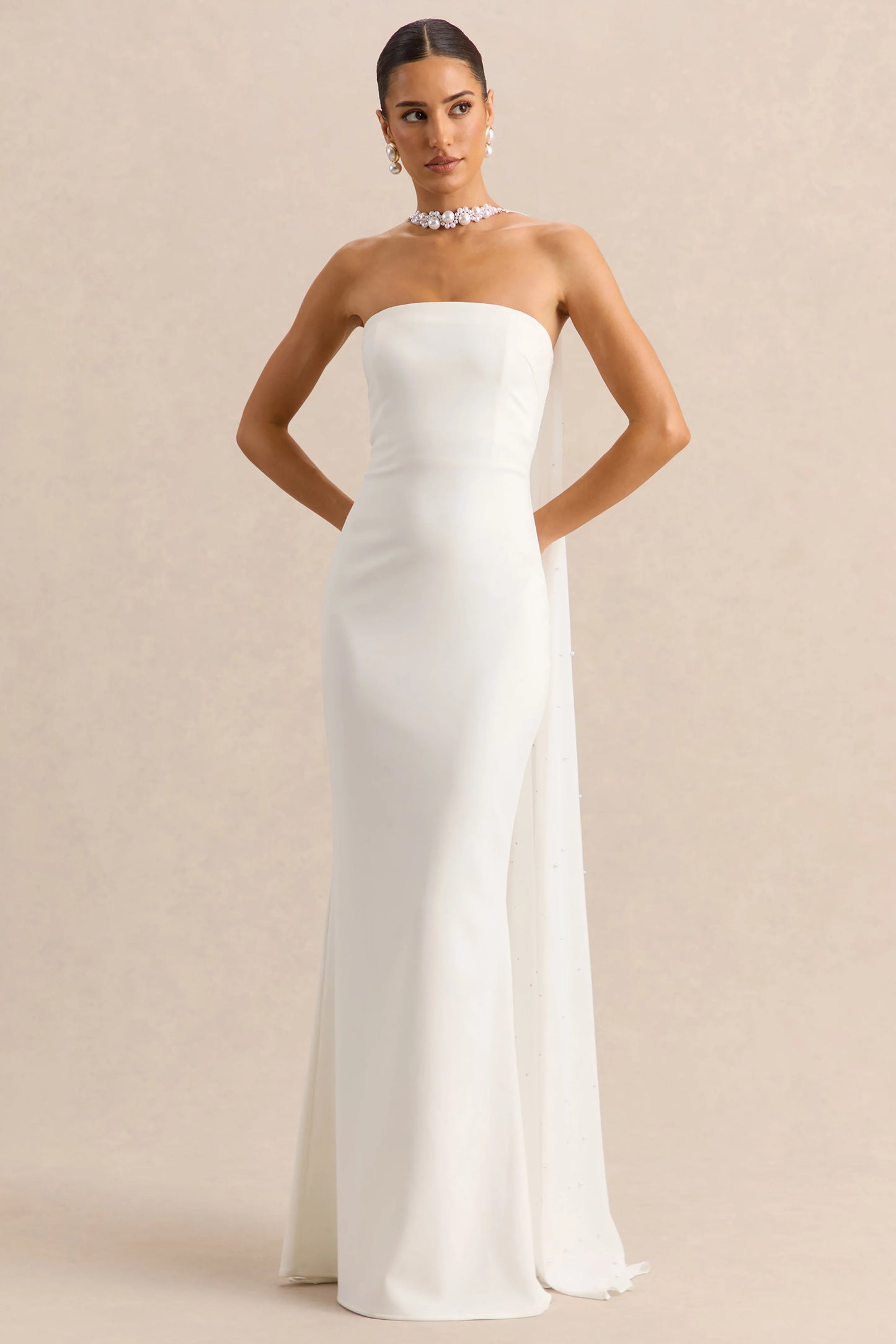 Alina White Bandeau Maxi-Dress With Cape