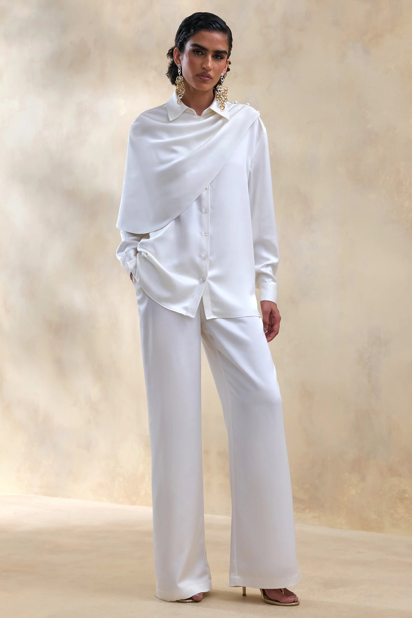 Ilena Cream Satin Wide-Leg Trouser
