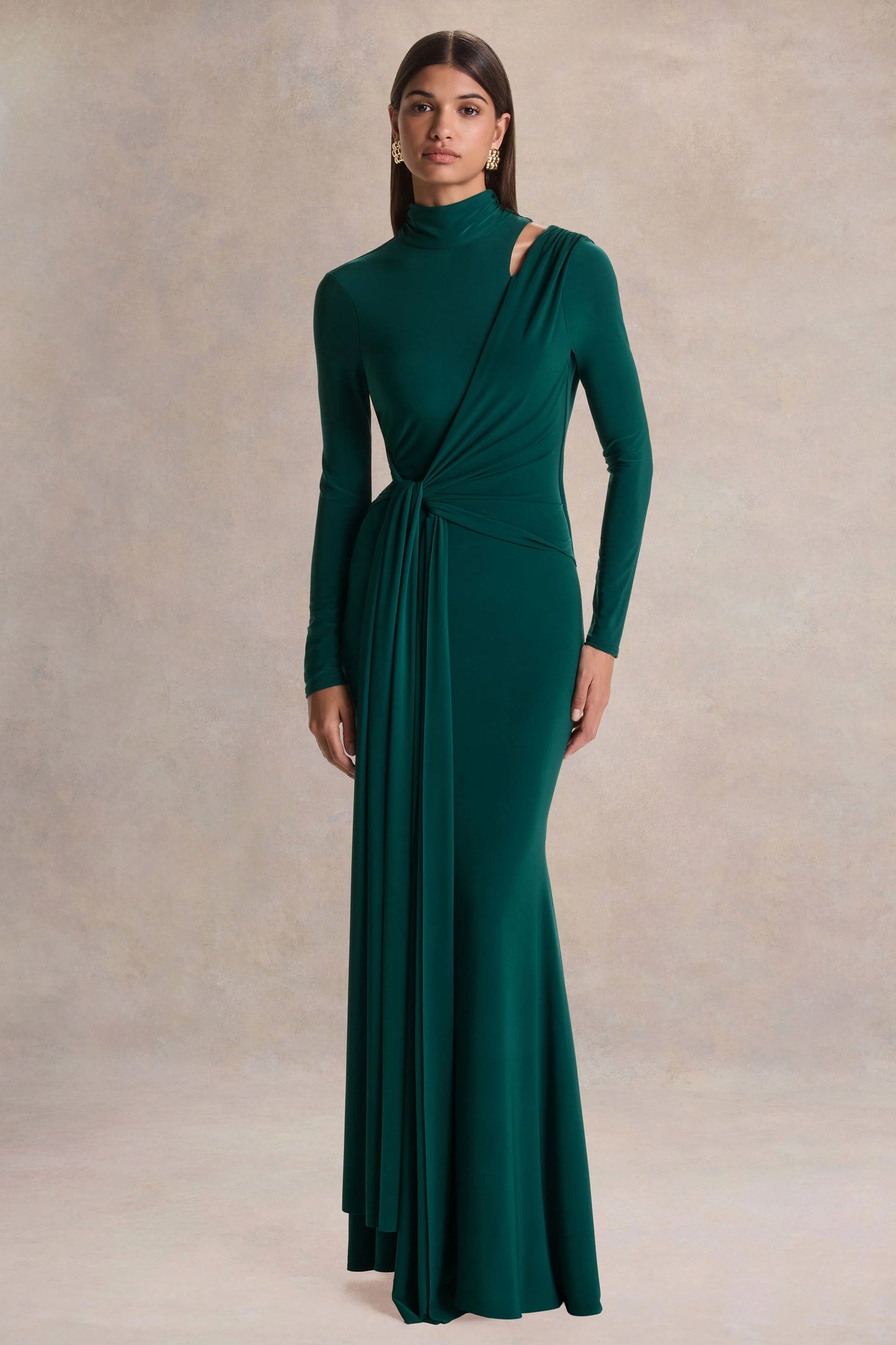 Alastrina Dark Green High-Neck Maxi Dress With Gathered-Detailing