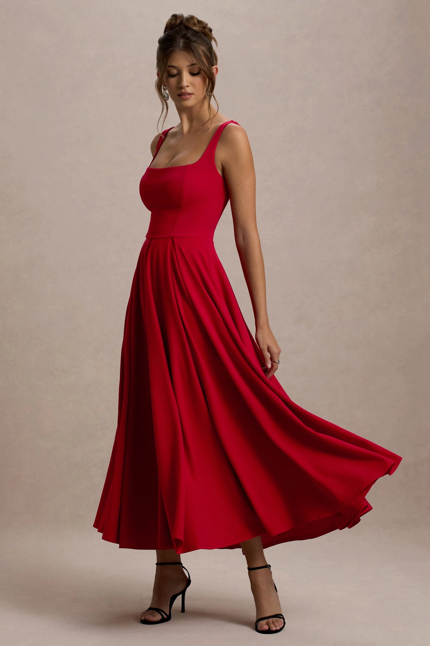 Parina Red Strappy Volume-Hem Midi Dress
