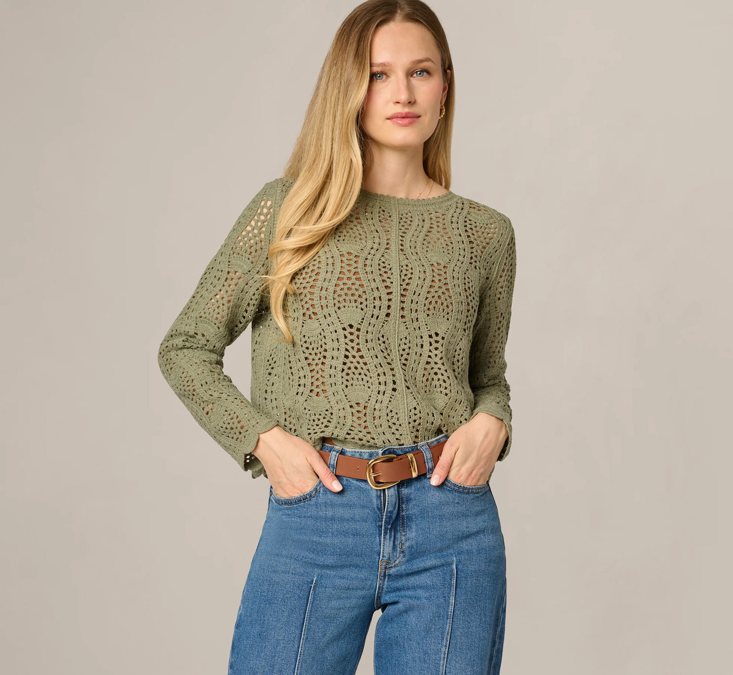 Long Sleeve Open Crochet Sweater In Sage Moss